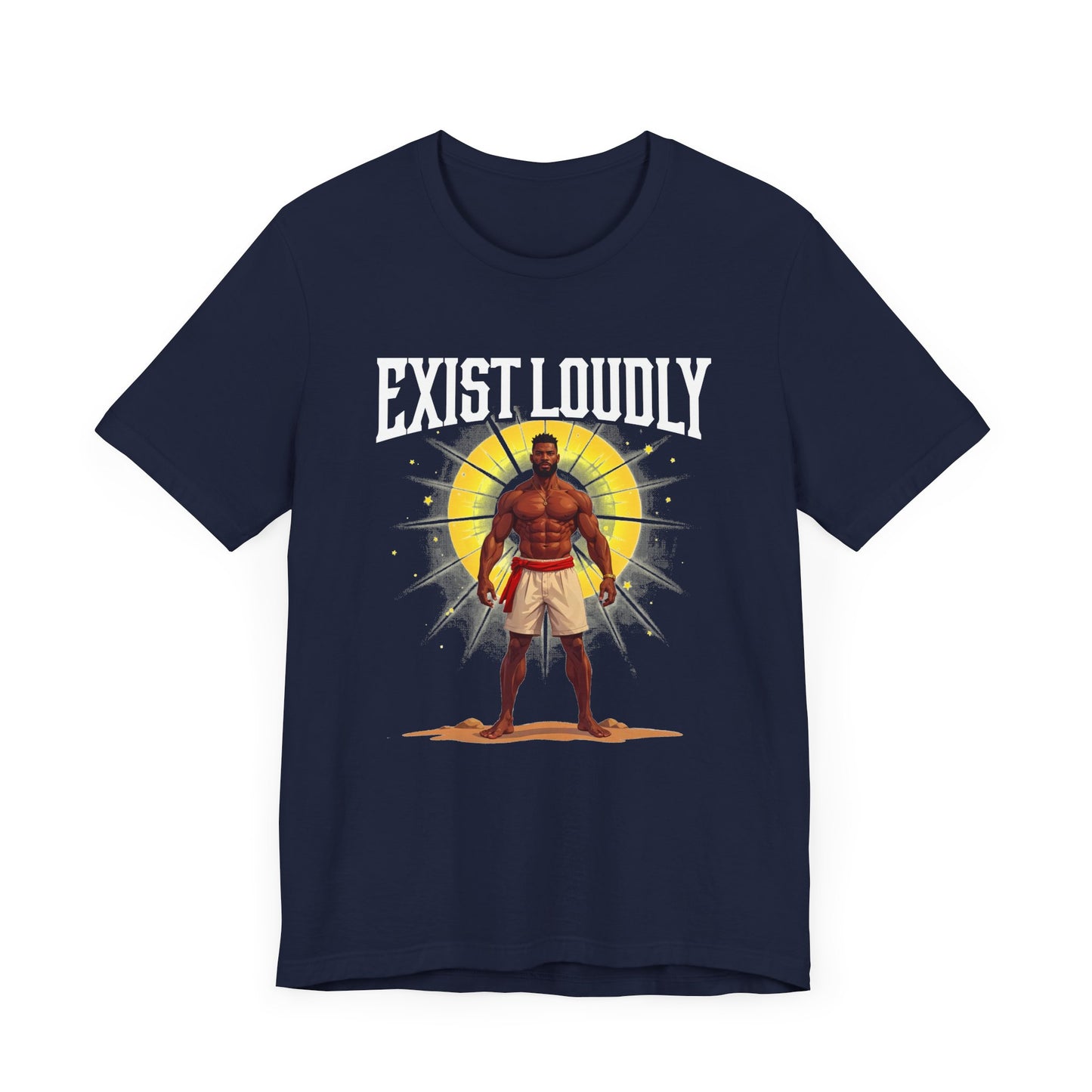 Exist Loudly – Strong Muscular Man with Red Belt & Glowing Light Graphic T-Shirt