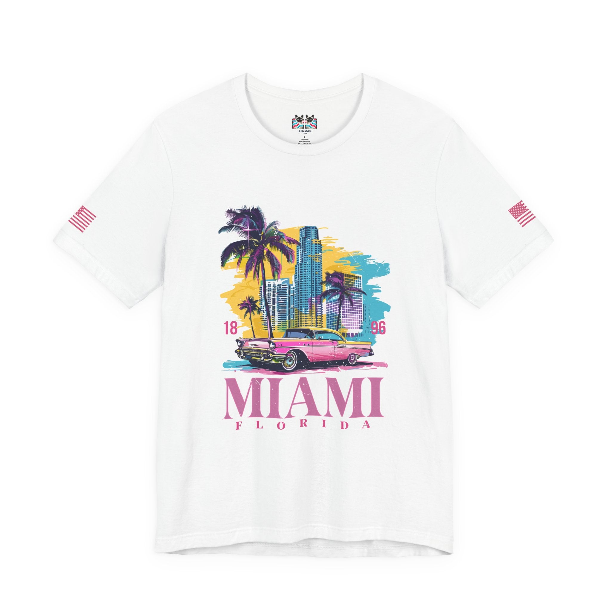Miami Florida 1896 T-Shirt – Pink Classic Car Palm Tree Skyline Colorful Graphic Tee