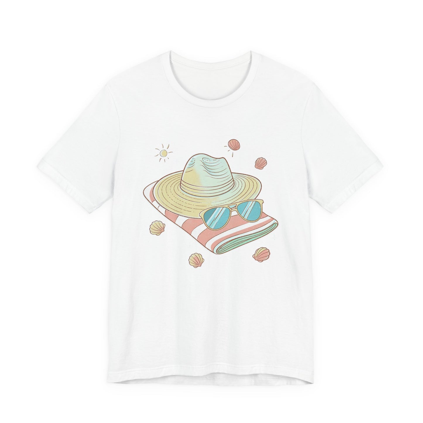 Sun Kissed & Carefree Beach Day Essentials – Towel, Sunglasses & Hat with Sun and Seashells Graphic T-Shirt