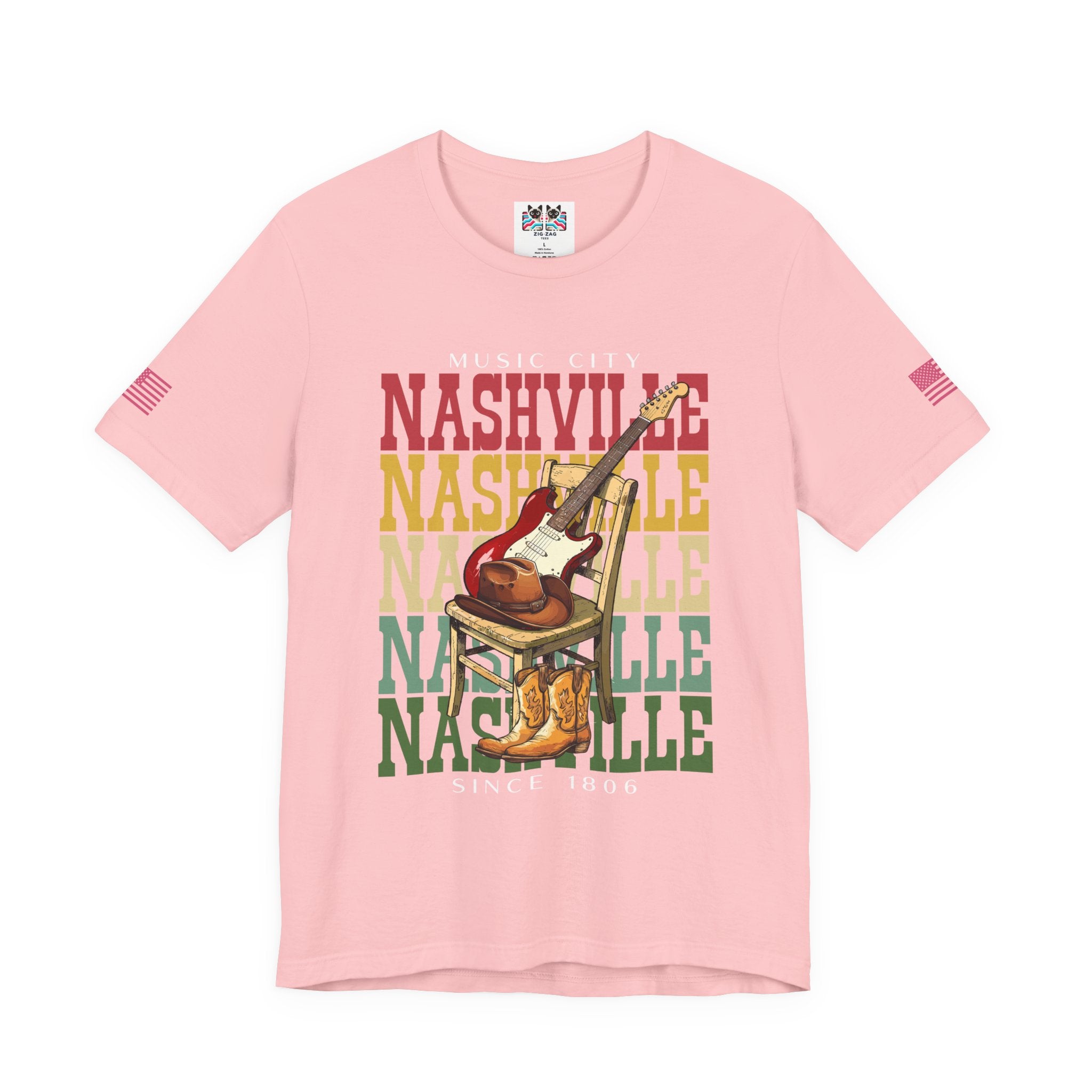 Music City Nashville T-Shirt – Stacked Repeat Typography Electric Guitar Cowboy Hat & Boots Graphic Tee Since 1806