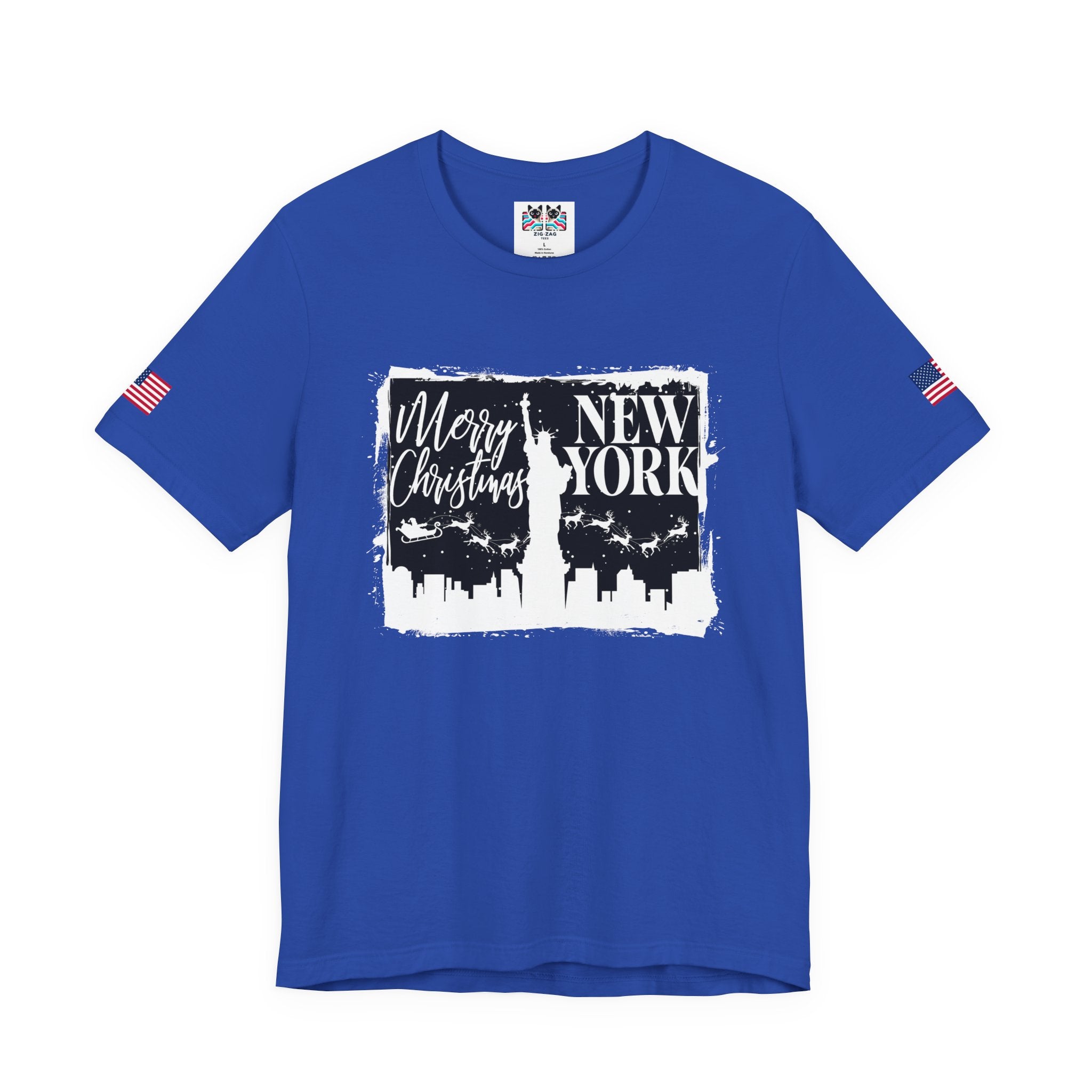 Merry Christmas New York T-Shirt - NYC Holiday Skyline with Santa & Statue of Liberty