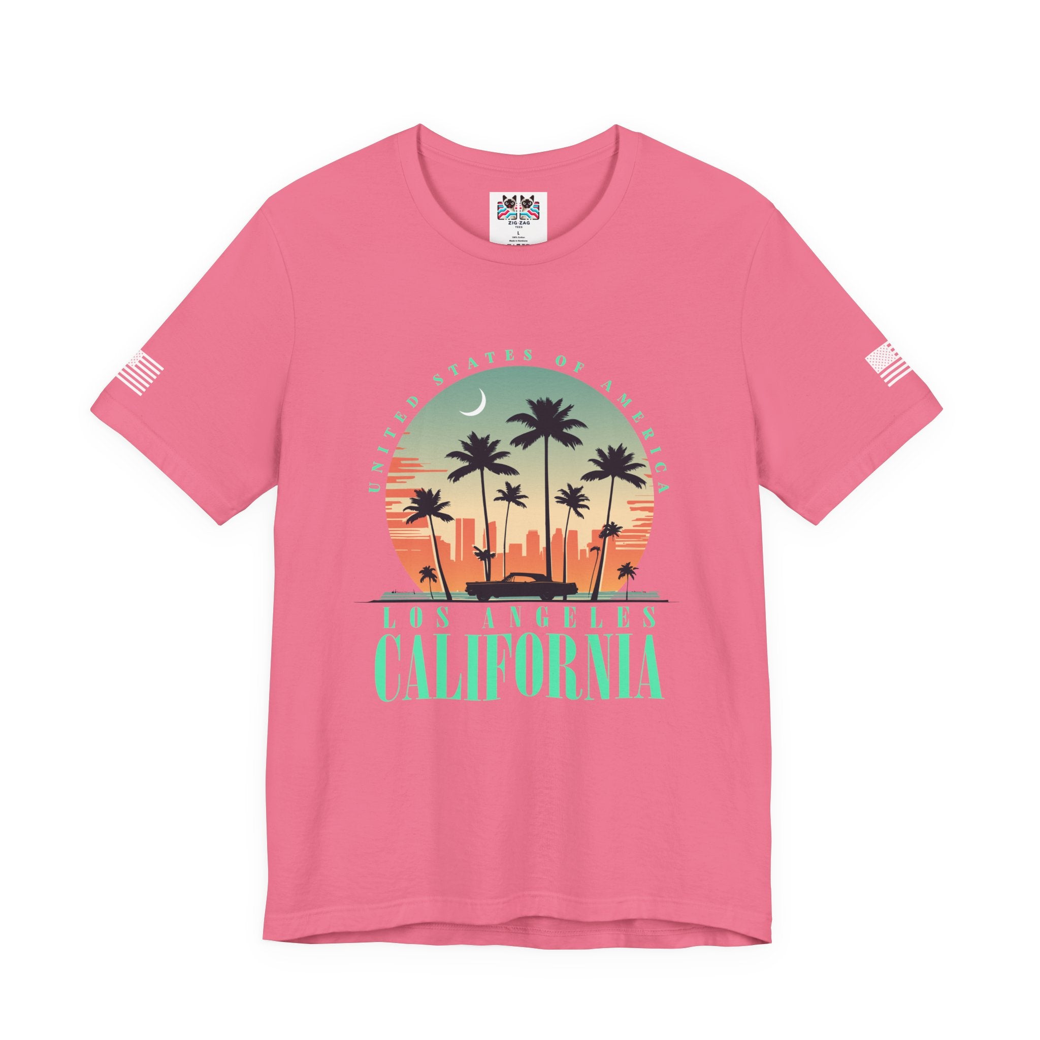 Los Angeles California USA T-Shirt – Retro Moon Crescent Palm Tree Classic Car Tee