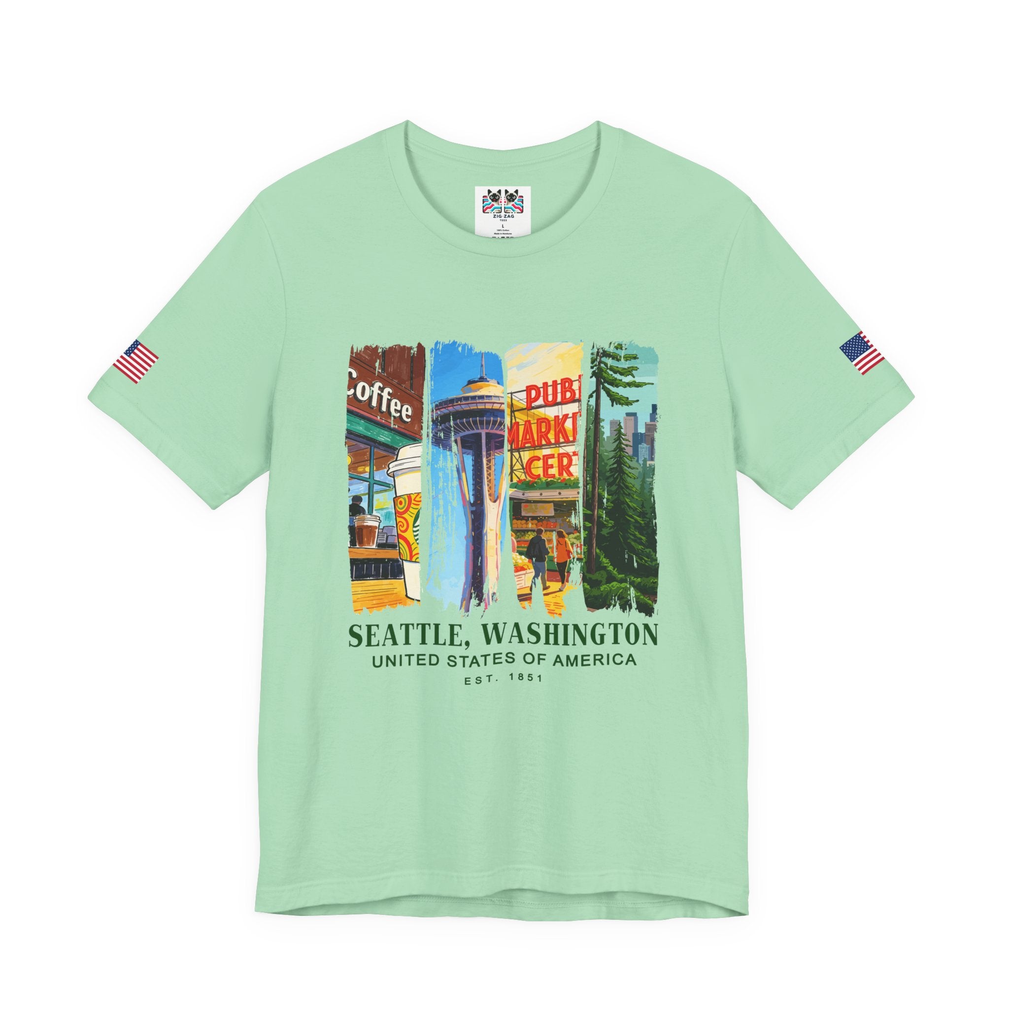 Seattle Washington Icons Collage T-Shirt | Coffee Space Needle Pike Place Market Graphic Tee | Seattle Souvenir
