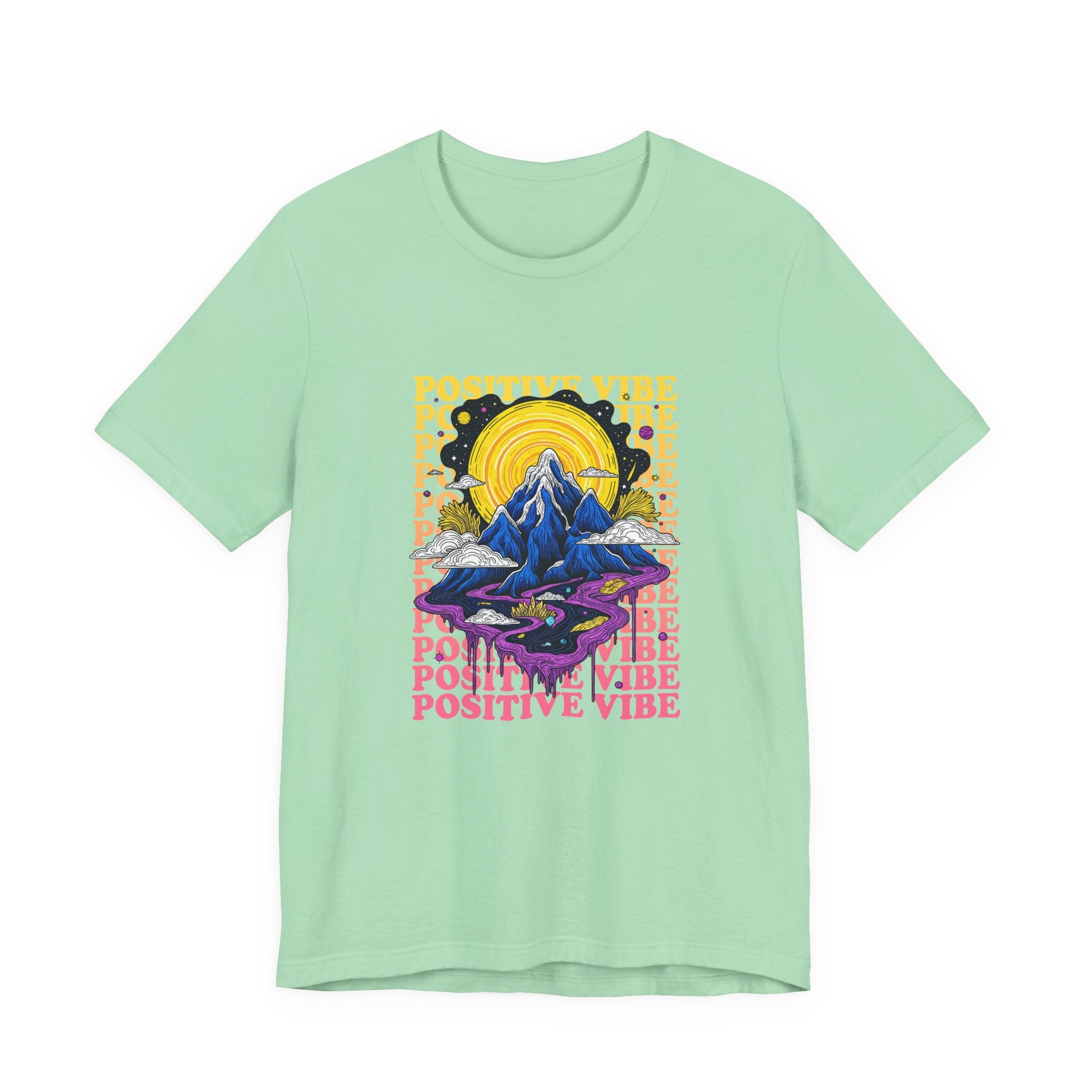 Positive Vibes – Cosmic Sun and Solar System Drip Graphic T-Shirt