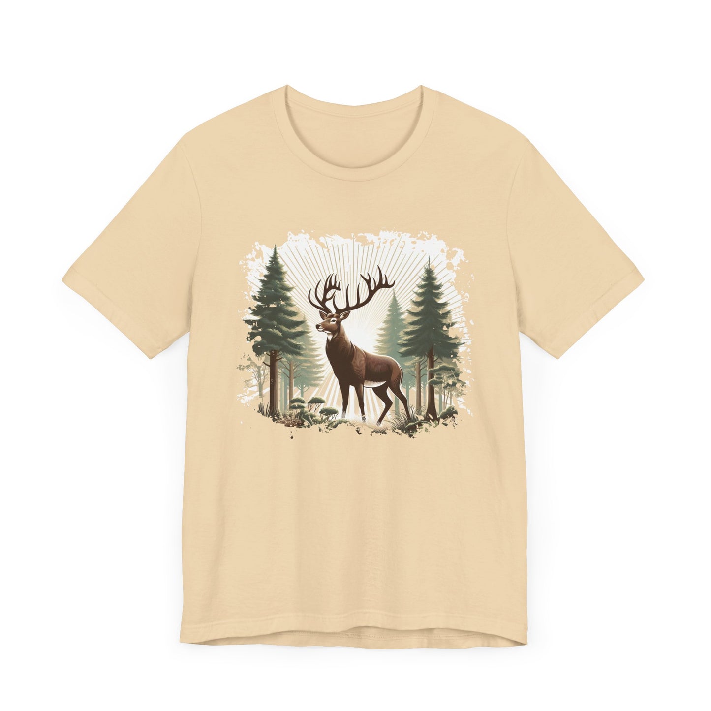 Majestic Deer with Large Antlers | Sunlight Through Foggy Forest Graphic T-Shirt