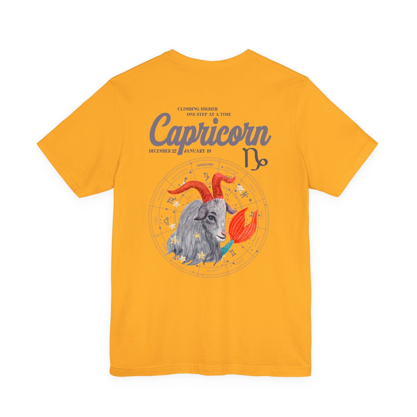 Capricorn Zodiac T-Shirt – Climbing Higher One Step At A Time Astrological wheel