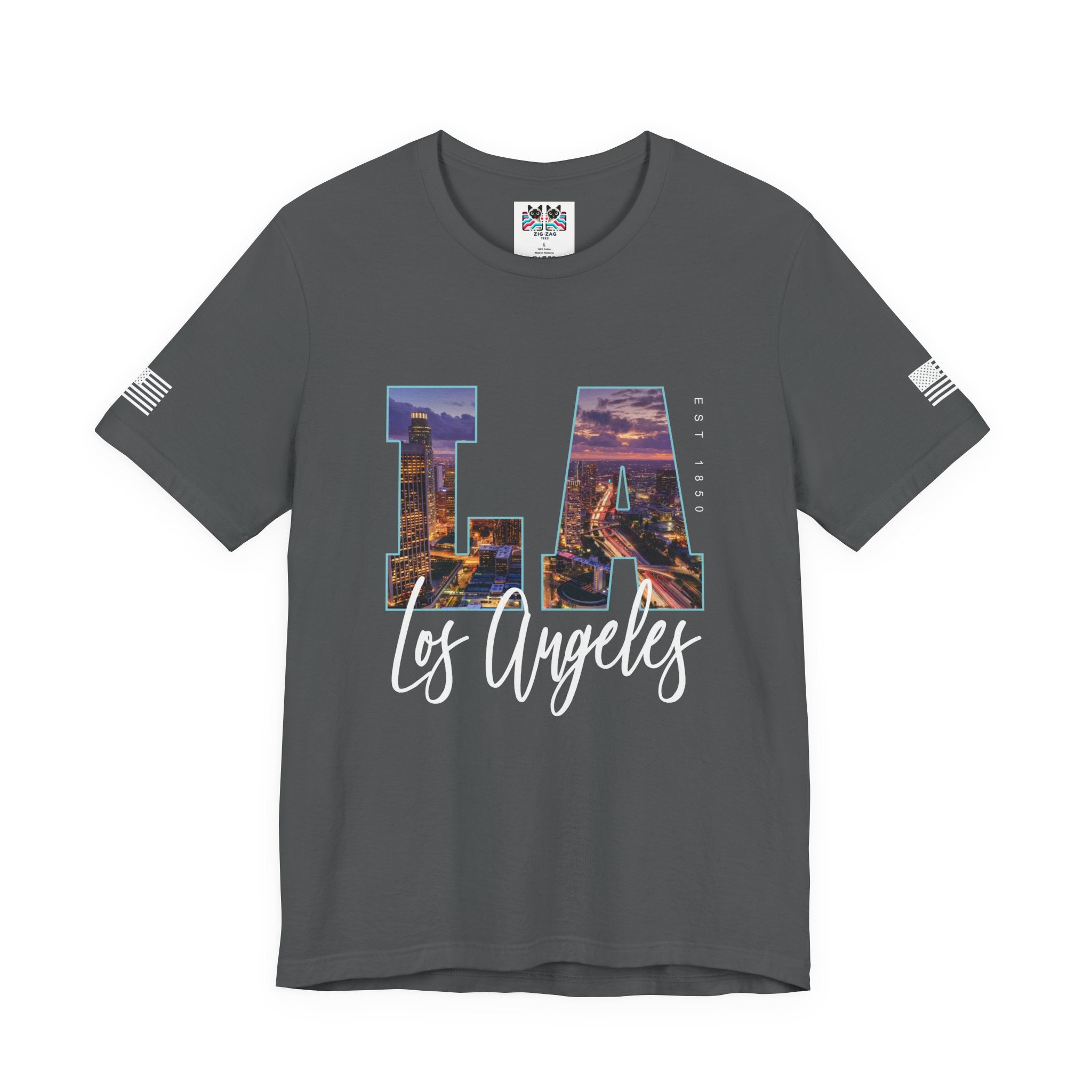 LA Los Angeles EST 1850 T-Shirt – City Night Skyline Photo Monogram Graphic Tee