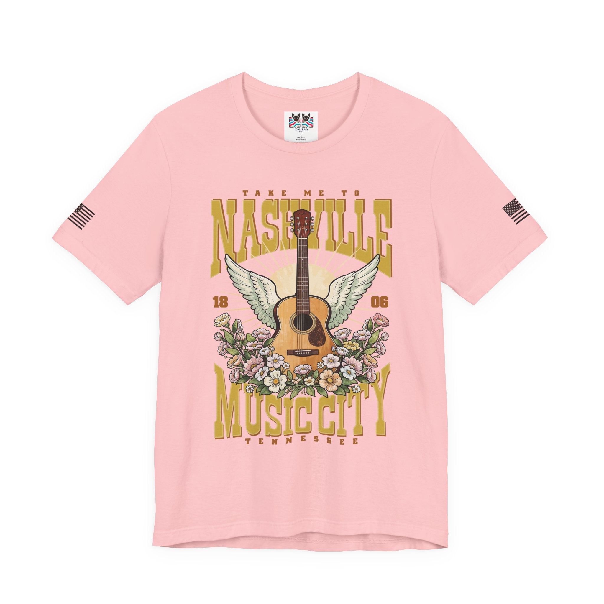 Take Me to Nashville Music City T-Shirt – Winged Acoustic Guitar Floral EST 1806 Tennessee Graphic Tee