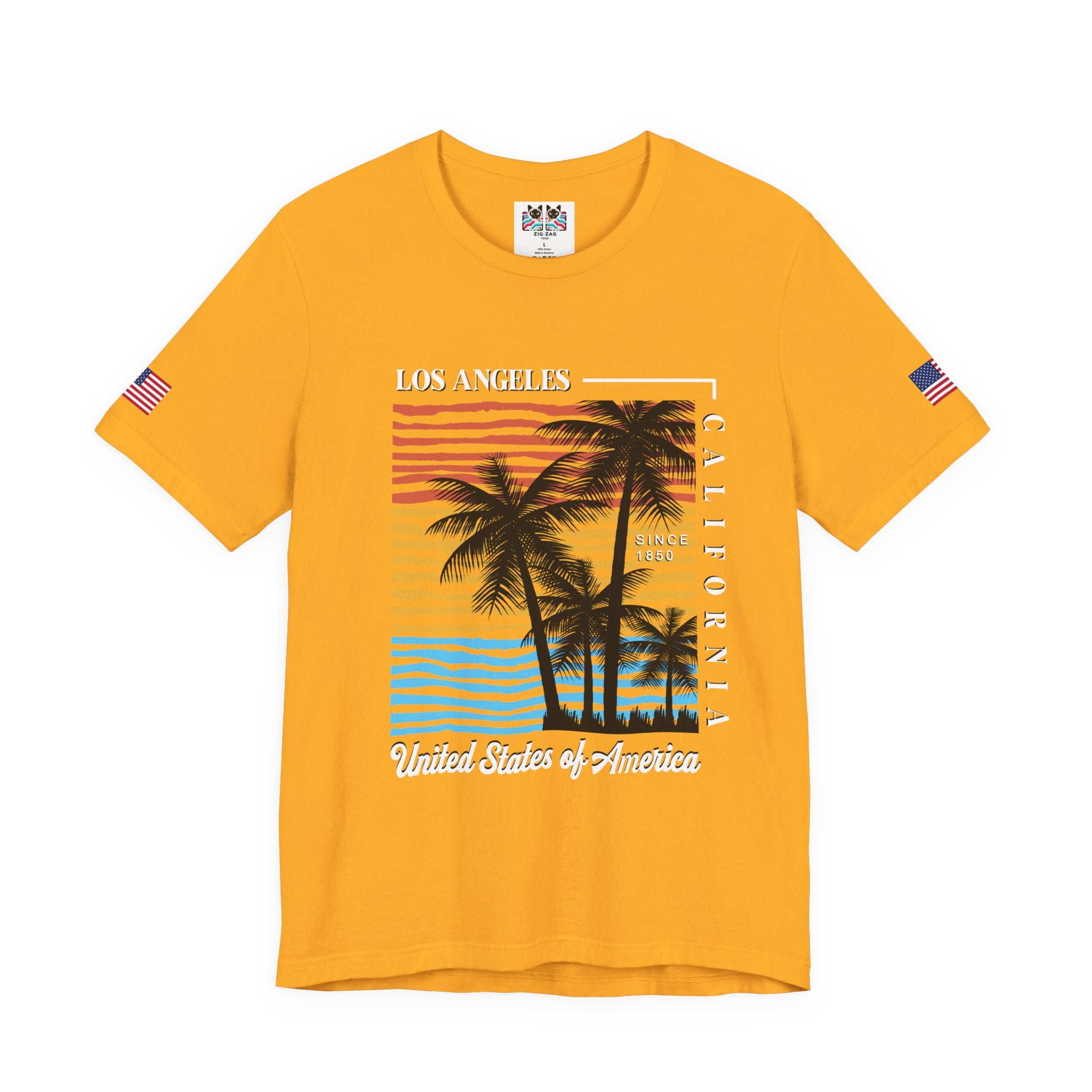 Los Angeles California Since 1850 T-Shirt – Colorful Striped Sunset Palm Tree USA Tee