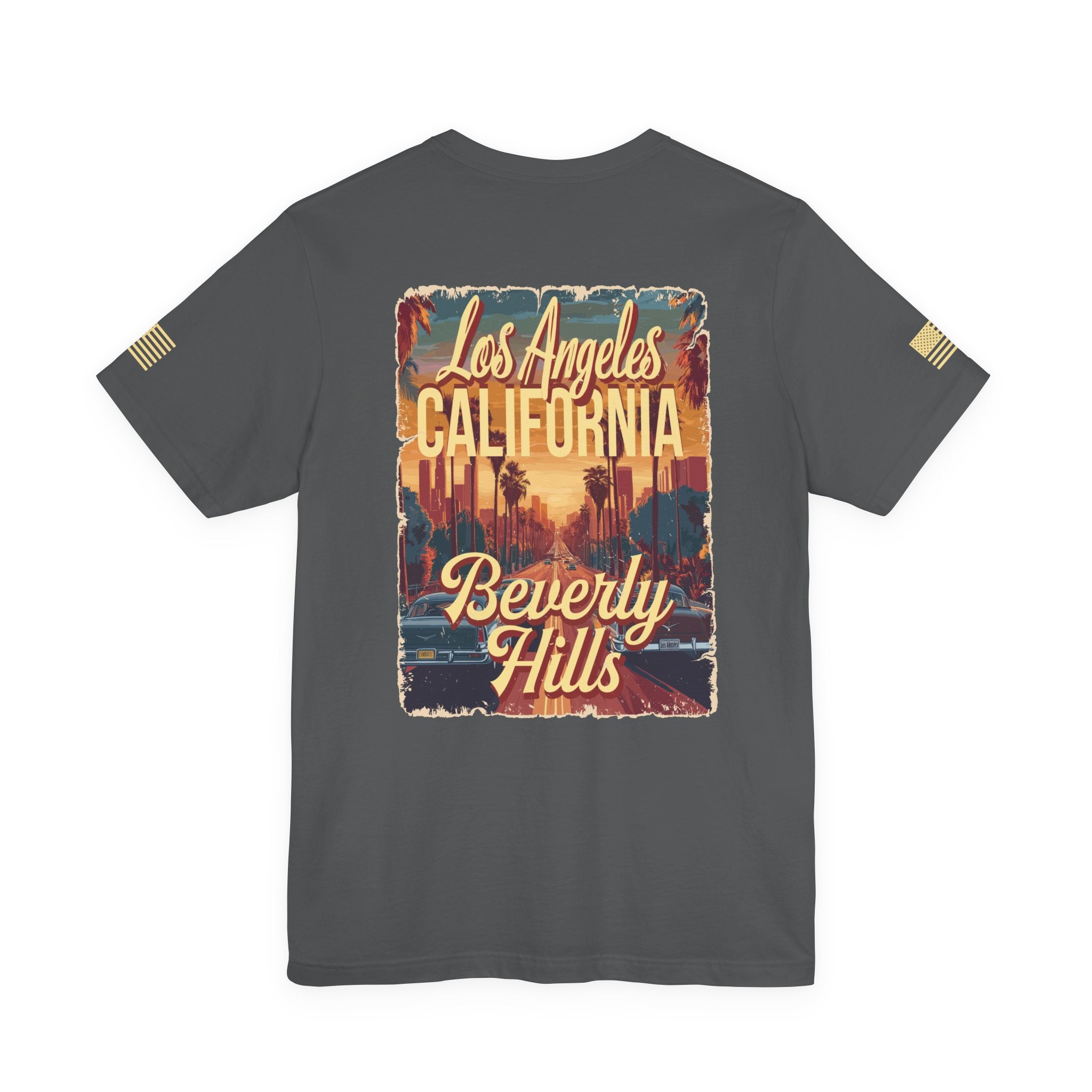 Beverly Hills Los Angeles California Front & Back T-Shirt – Vintage Classic Car Street Scene Tee