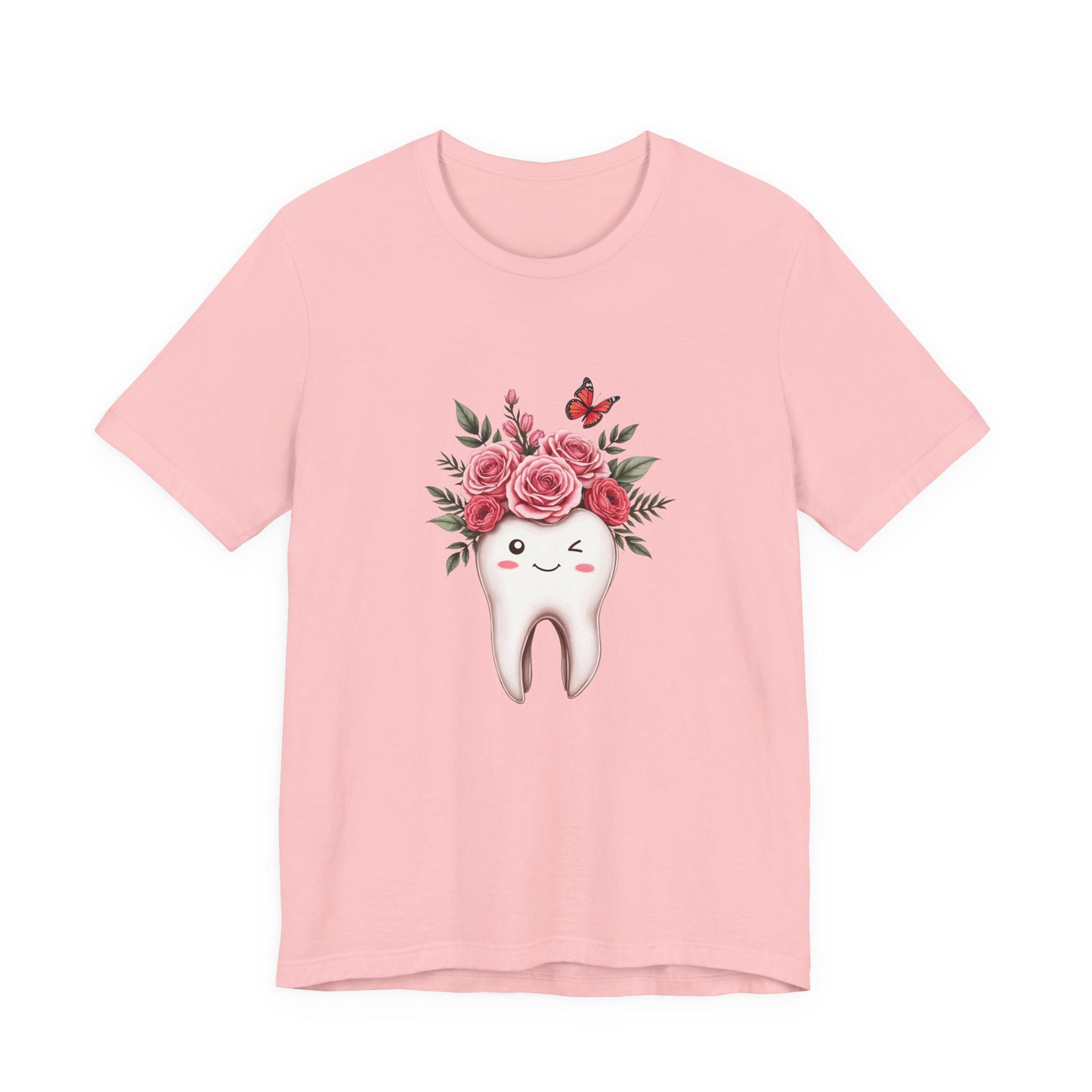 Smile T Shirt with Large Winking Tooth Surrounded by Flowers Leaves and Butterflies