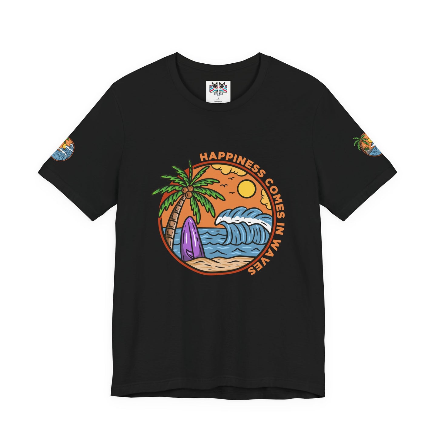 Happiness Comes in Waves T-Shirt – Beach Surf Palm Tree Ocean Graphic Tee