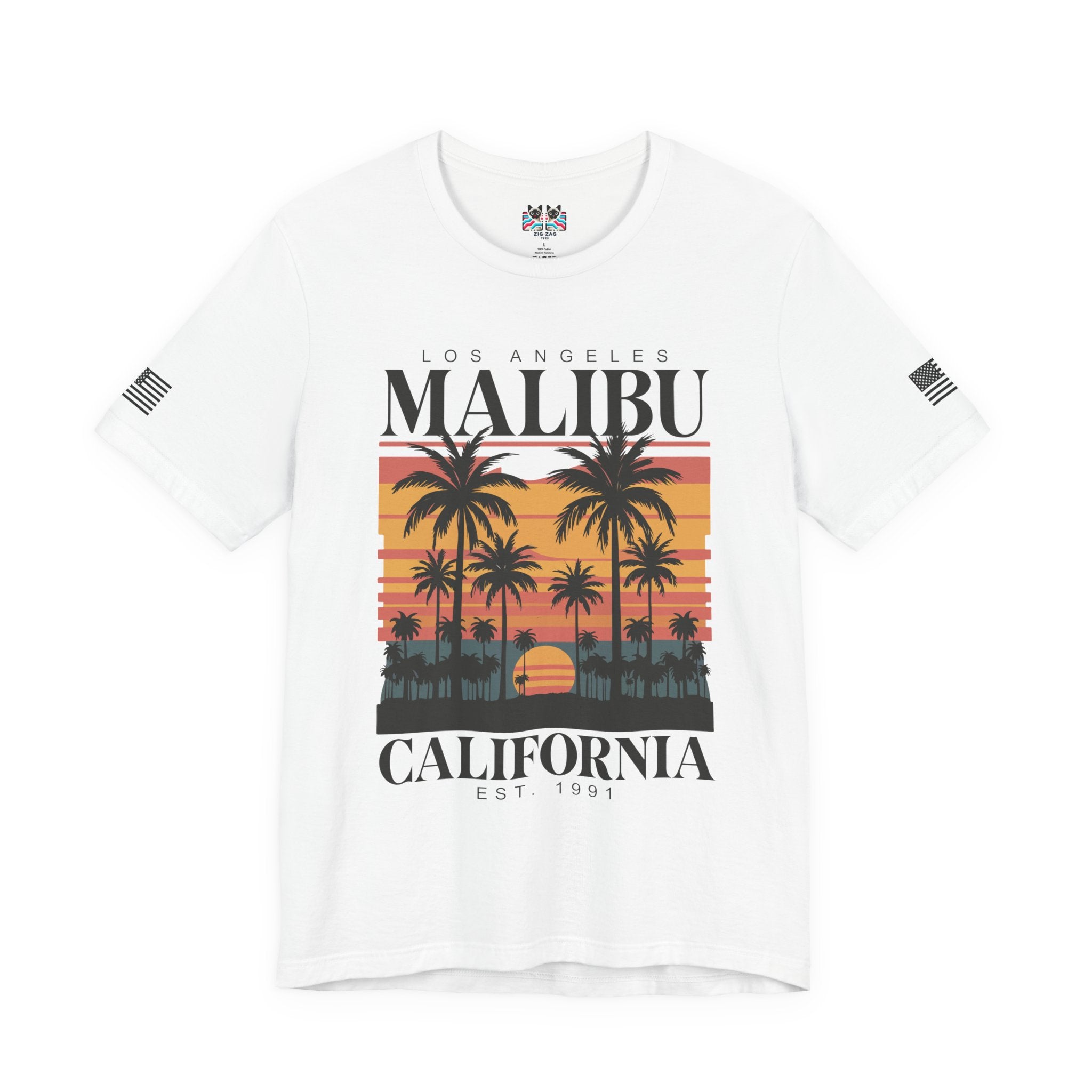 Los Angeles Malibu California T-Shirt – Retro Sunset Palm Tree Beach Graphic Tee