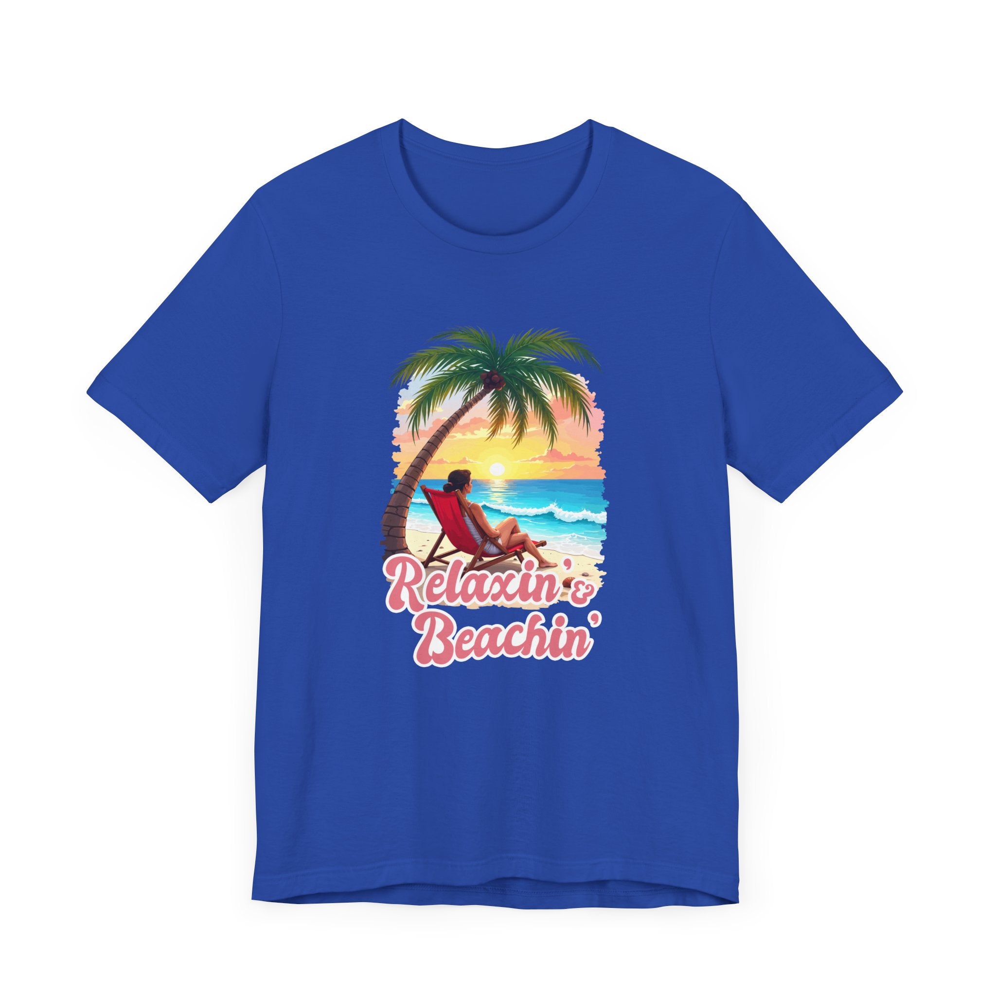 Recharge Mode Relaxin & Beachin' – Woman Lounging Under Palm Tree Beach Scene T-Shirt