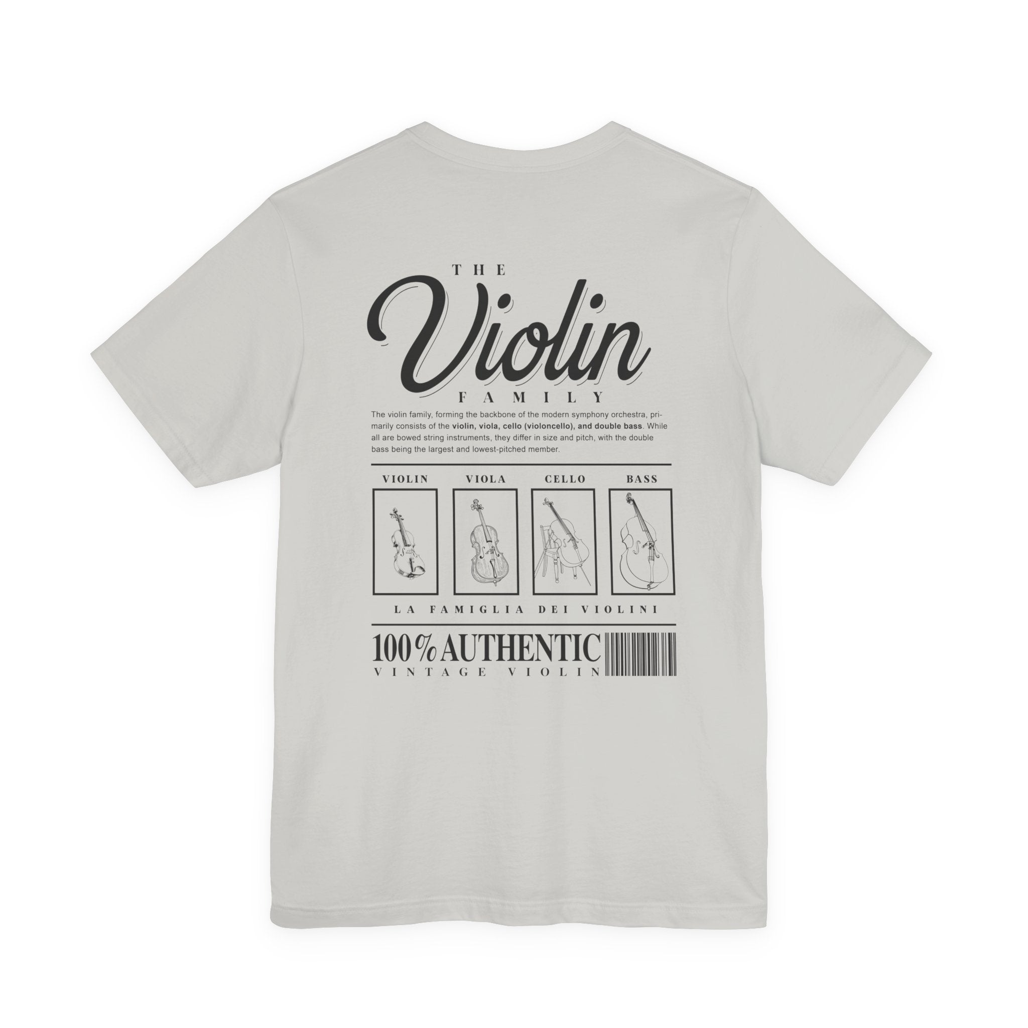 The Violin Family T-Shirt – Illustrated Guide to String Instrument Lineage [Violin, Viola, Cello, Bass]
