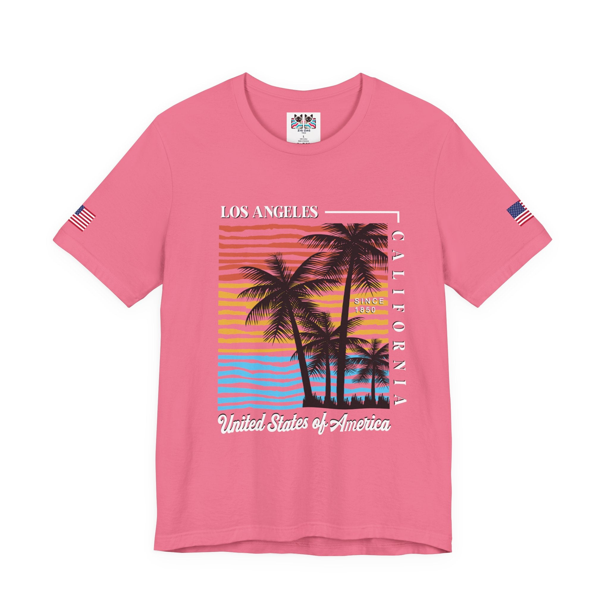 Los Angeles California Since 1850 T-Shirt – Colorful Striped Sunset Palm Tree USA Tee
