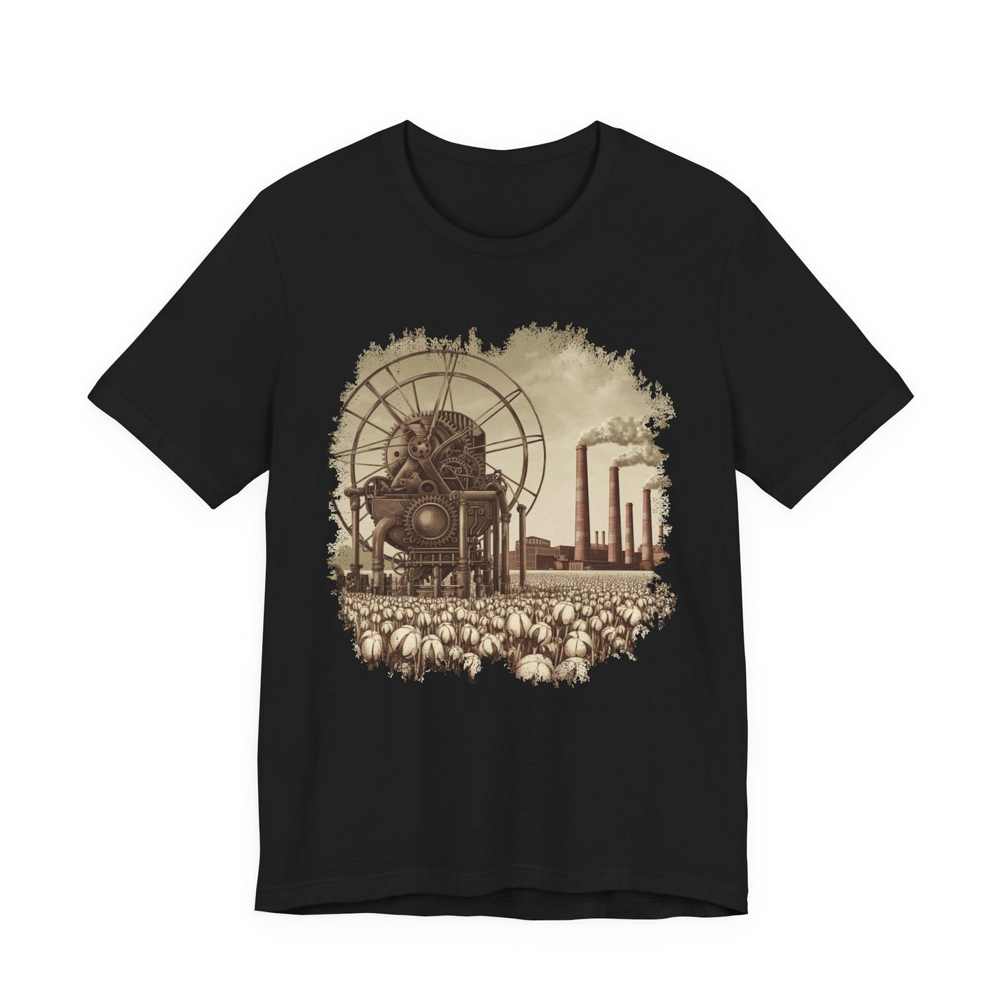 Cotton Gin Club Tshirt – Harvest-Ready Cotton Field with Historic Spinning Machine and Factory