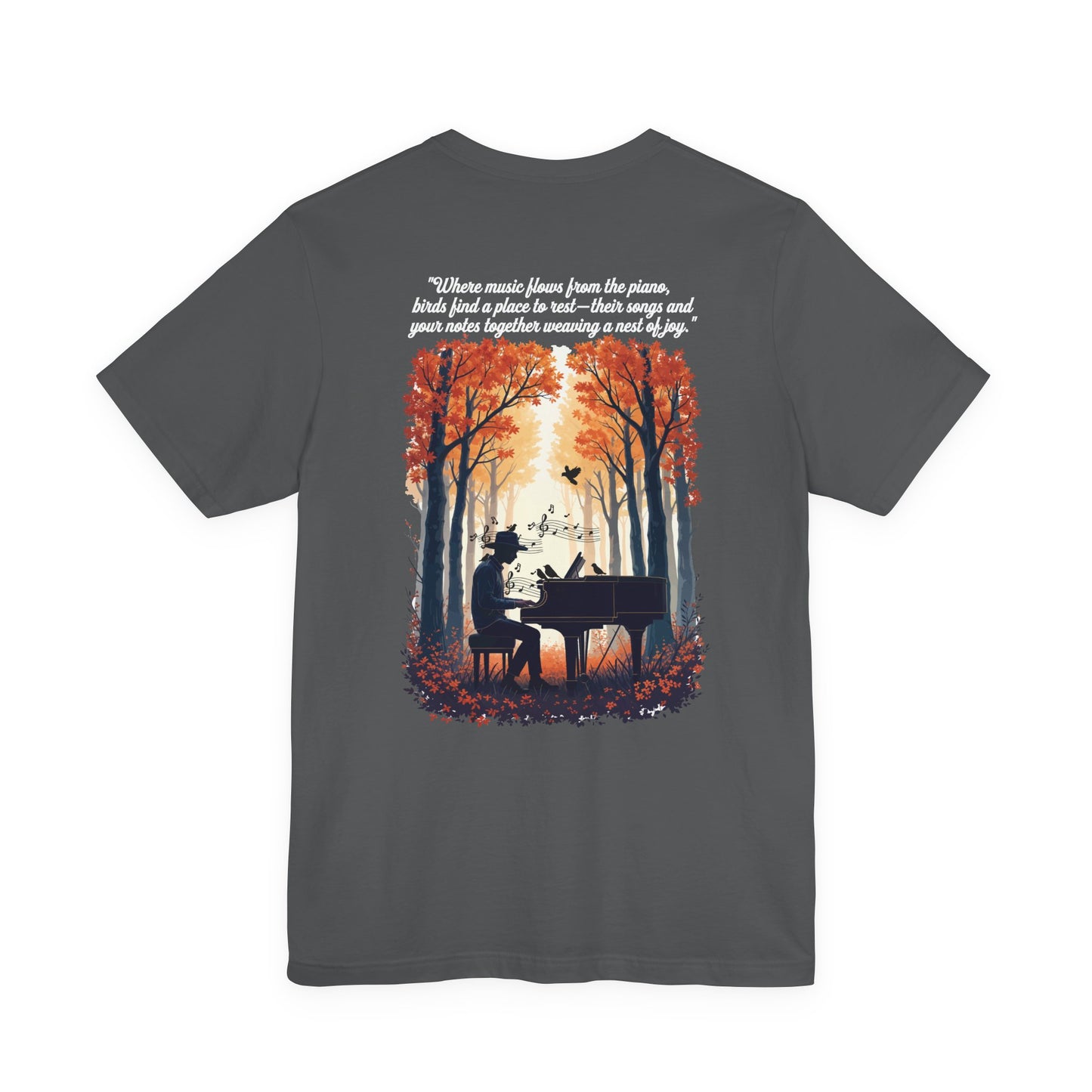 Music & Nature Harmony T-Shirt – Grand Piano in Autumn Forest Scene [White Text]