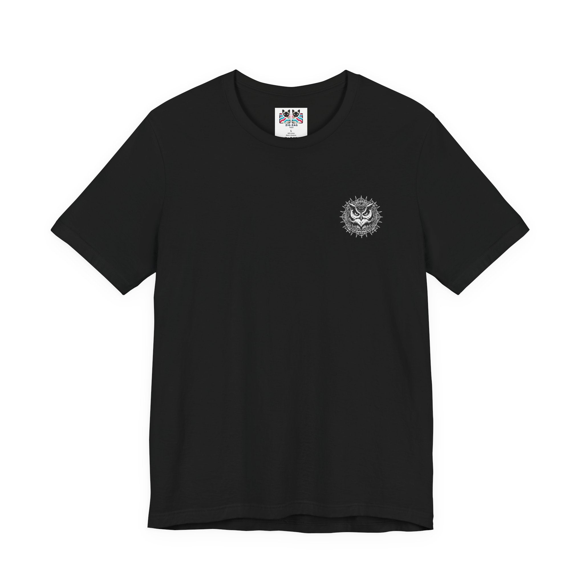 Spirit of Wisdom Owl T-Shirt – Wise Owl with Witch Hat and Medal [White Text]