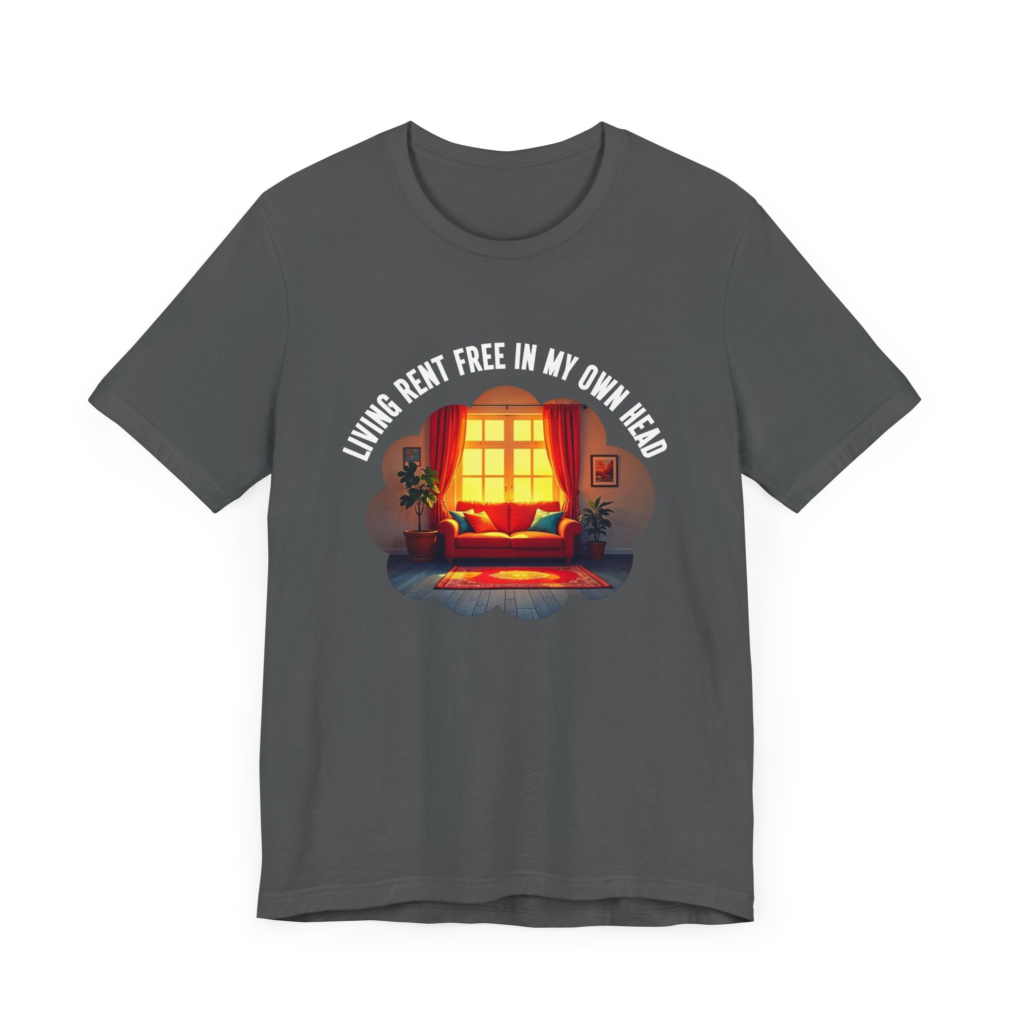 Living Rent Free in My Own Head – Cozy Living Room with Sofa & Sunlit Window Graphic T-Shirt