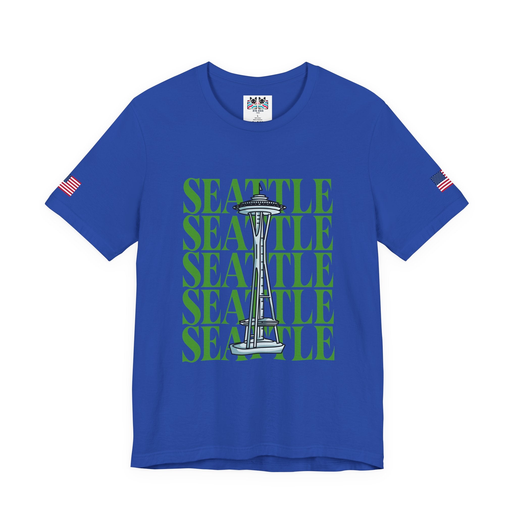 Seattle Repeated Text Space Needle Graphic T-Shirt | Seattle Washington Souvenir Tee | Space Needle Pride Shirt