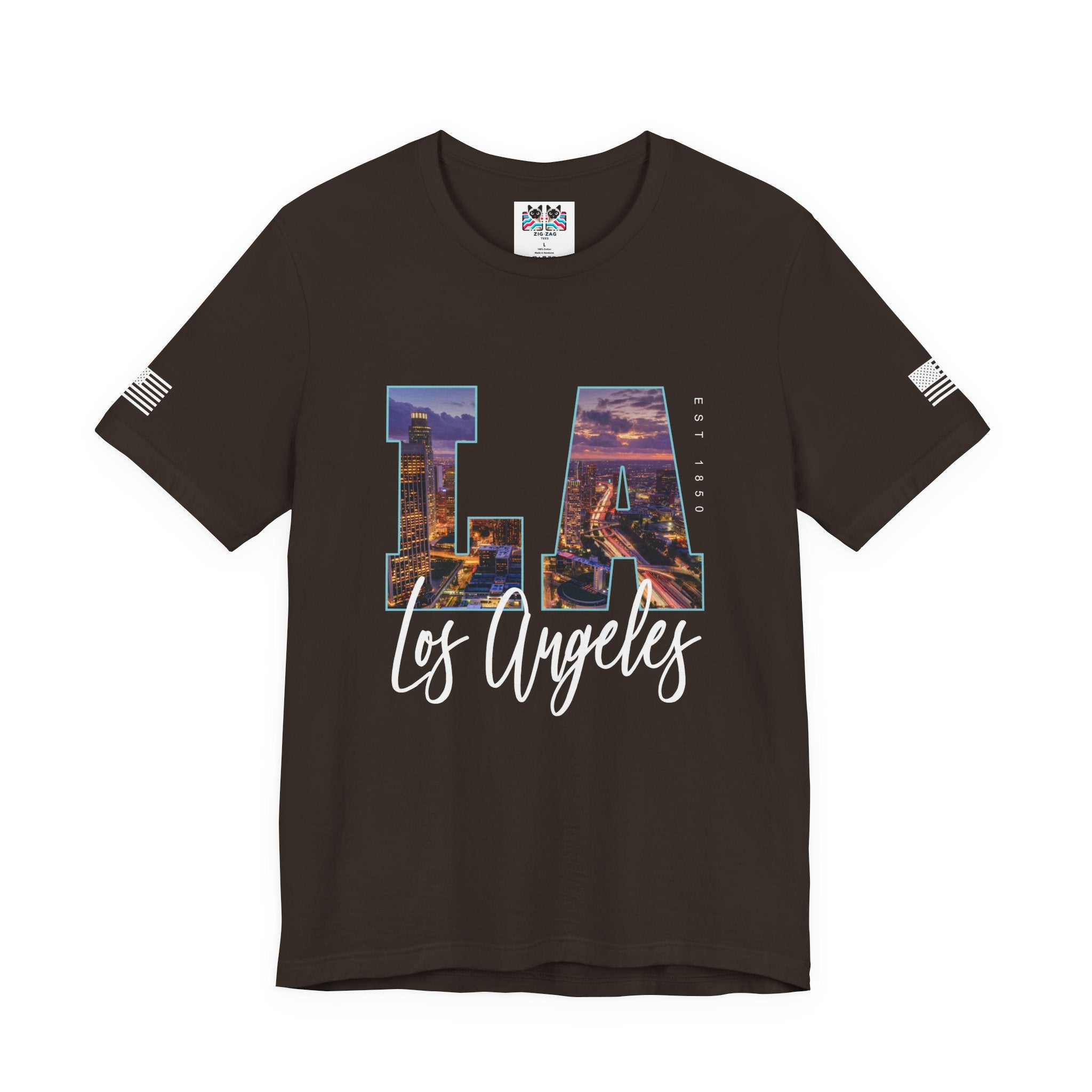 LA Los Angeles EST 1850 T-Shirt – City Night Skyline Photo Monogram Graphic Tee