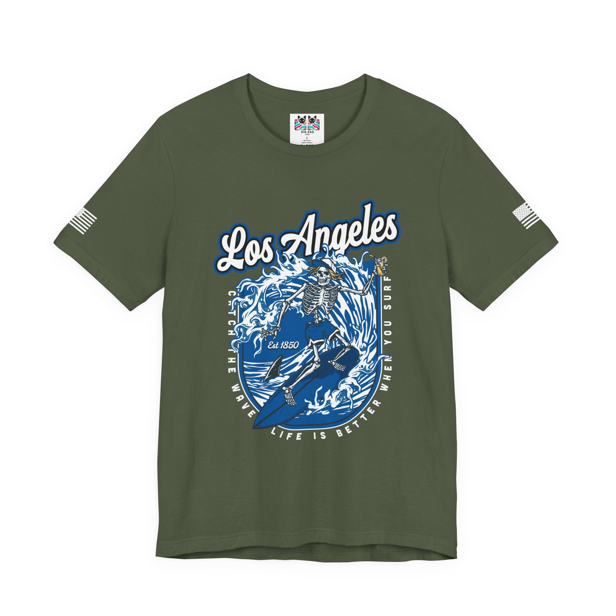 Los Angeles Skeleton Surfer T-Shirt – Life Is Better When You Surf CA EST 1850 Tee