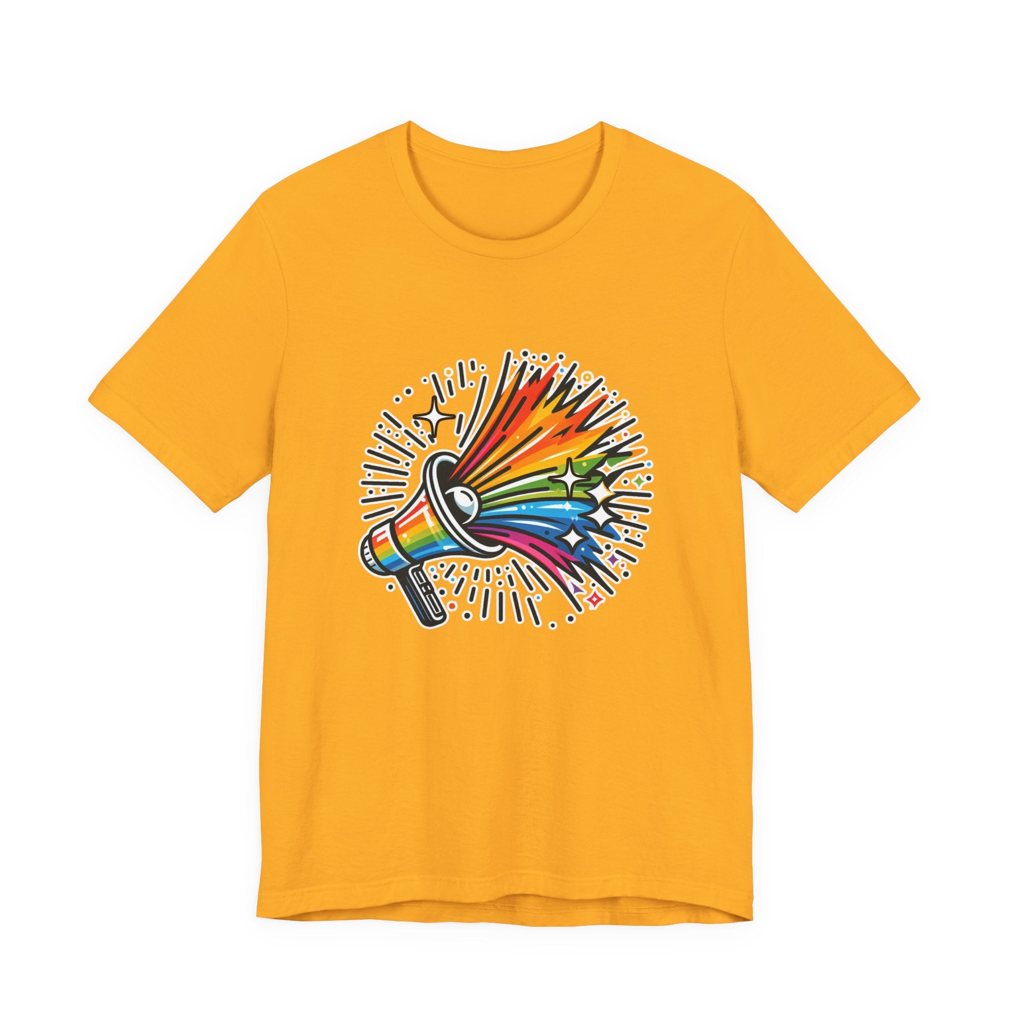 Proud & Loud – Colorful Handheld Speaker with Exploding Stars Graphic T-Shirt