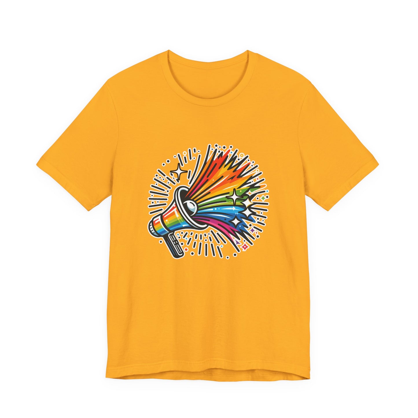 Proud & Loud – Colorful Handheld Speaker with Exploding Stars Graphic T-Shirt
