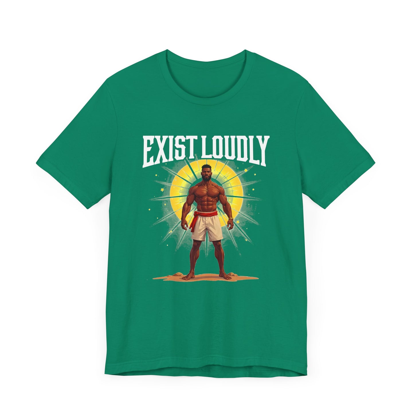 Exist Loudly – Strong Muscular Man with Red Belt & Glowing Light Graphic T-Shirt