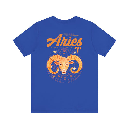 Aries Fueled by Fire T-Shirt – Ram Head with Zodiac Astrological Wheel