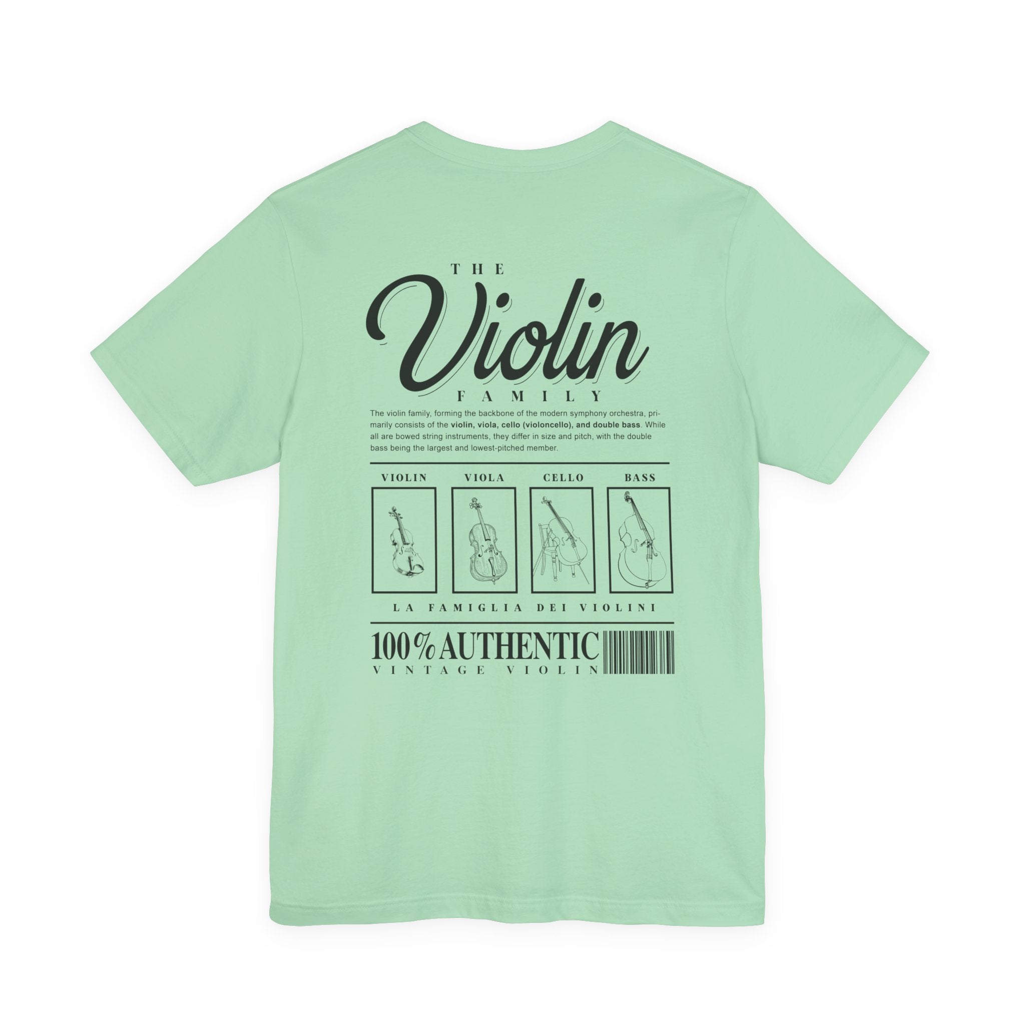 The Violin Family T-Shirt – Illustrated Guide to String Instrument Lineage [Violin, Viola, Cello, Bass]