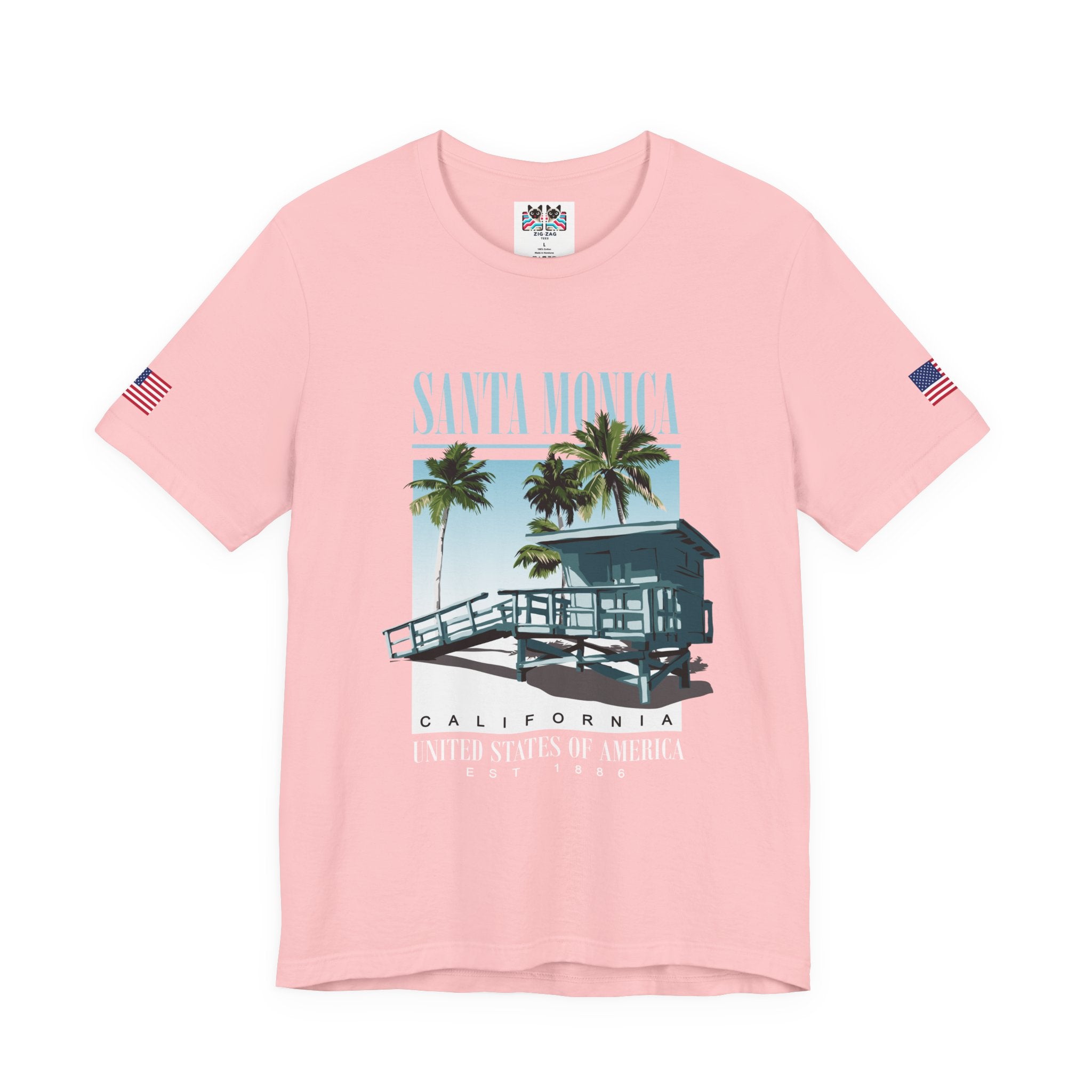 Santa Monica California EST 1886 T-Shirt – Lifeguard Tower Palm Tree Beach Tee