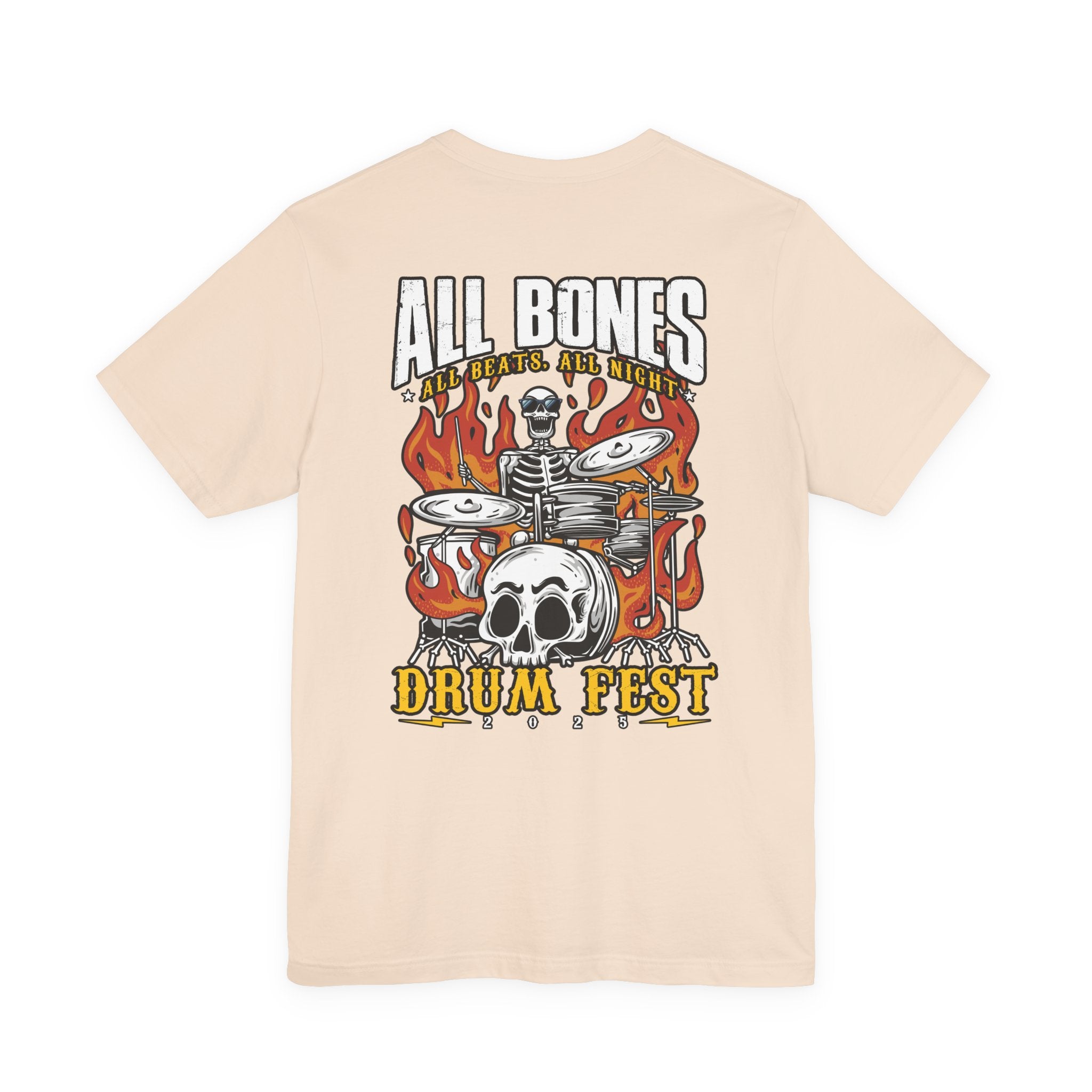 All Bones Drum Fest 2025 T-Shirt – Skeleton Drummer Fiery Rock Design