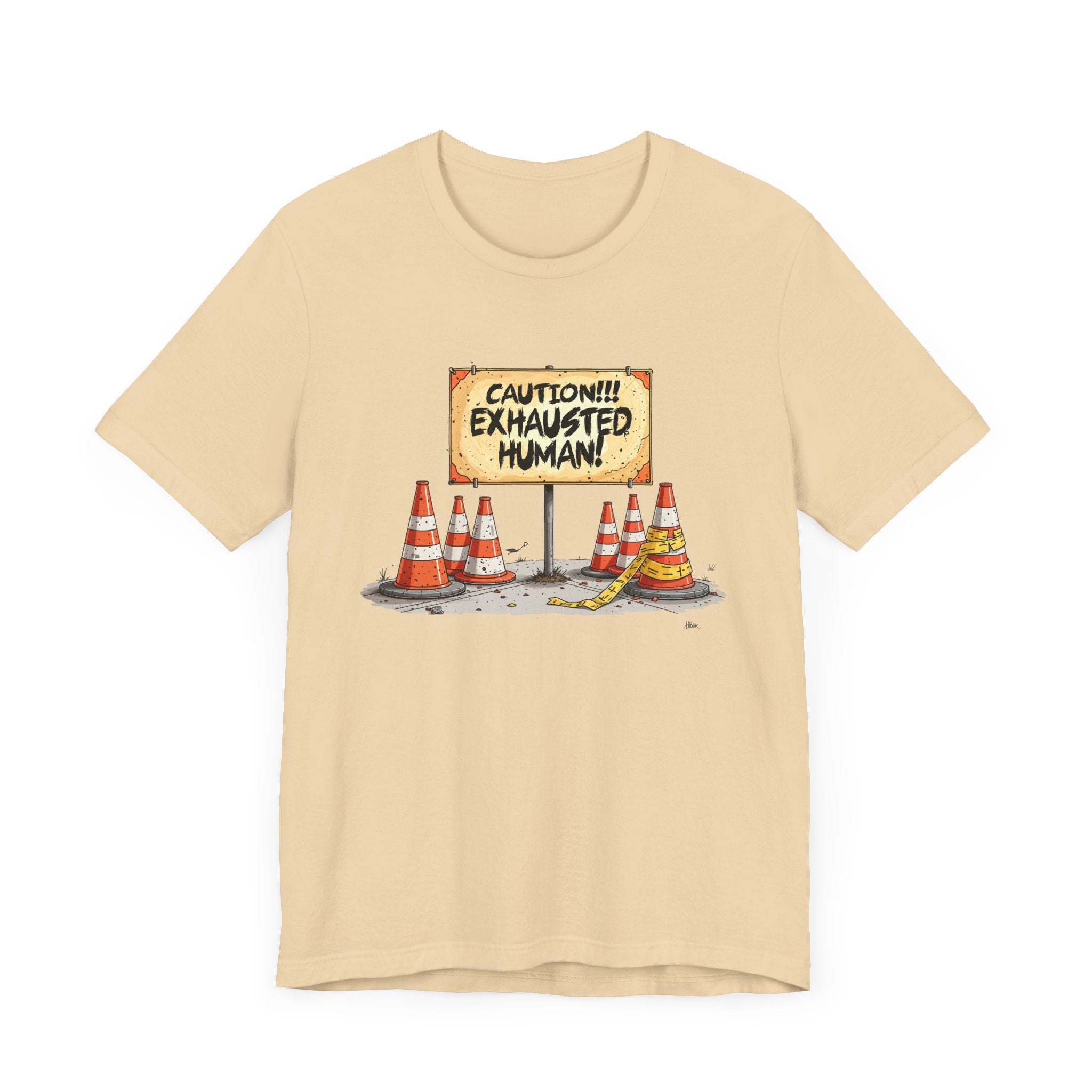 Caution Exhausted Human Tee, Low Energy Warning Shirt, Sleepy Mood Graphic, Funny Real Life Top, Tired Brain Gift