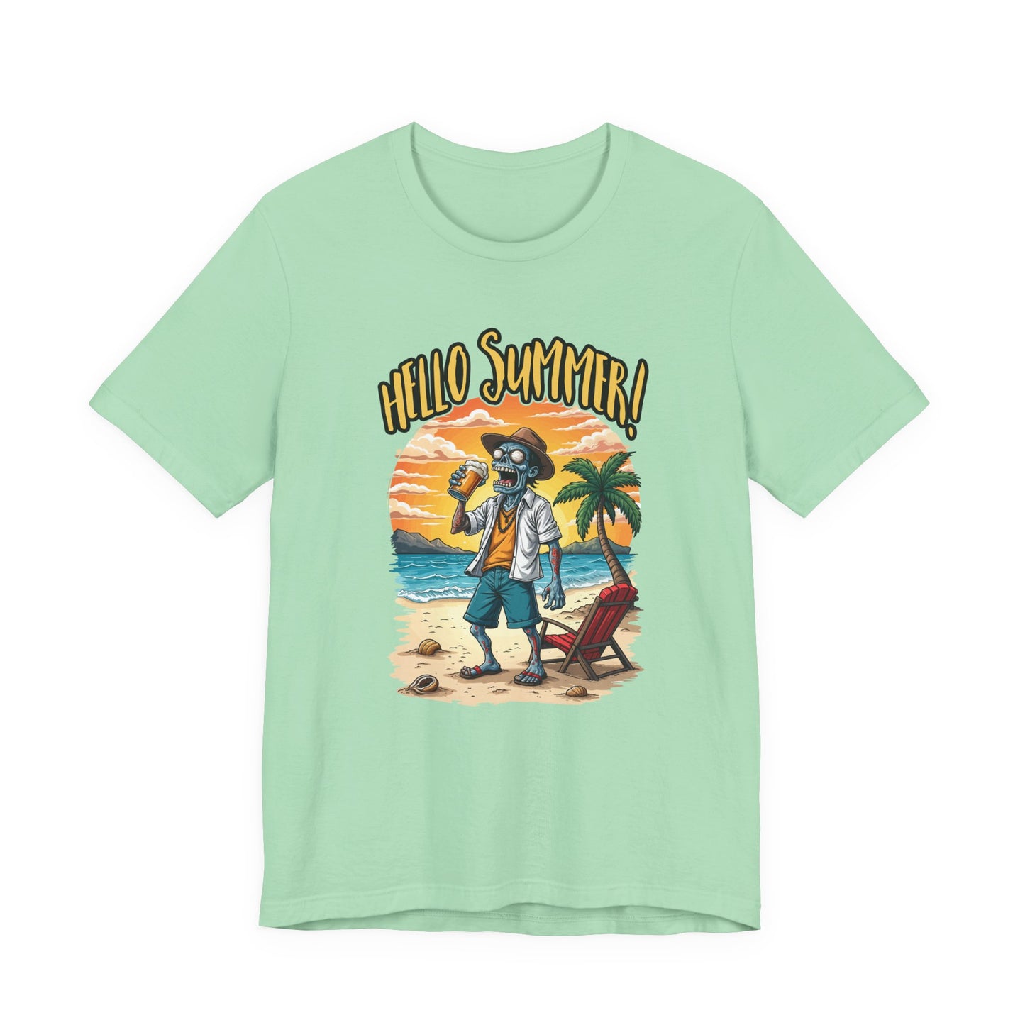 Hello Summer Tshirt Old Zombie with Cap, Beer Glass, Beach, Palm Trees & Reclining Chair
