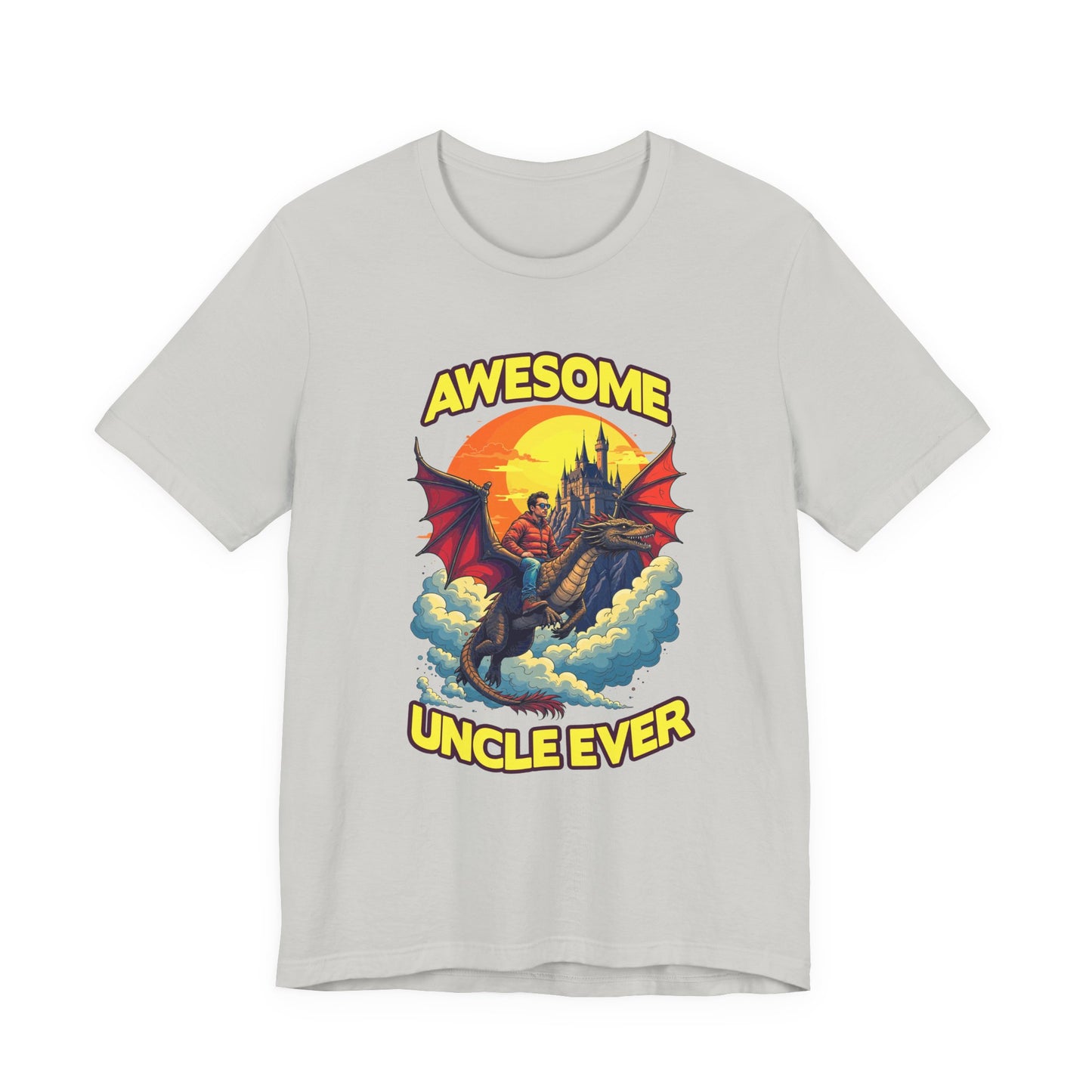 Awesome Uncle Ever Tshirt Man Riding Large Dragon Flying in Clouds with Castle in background