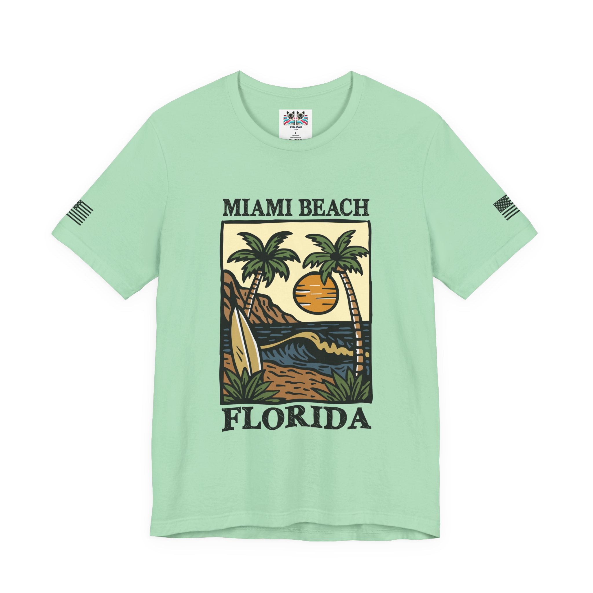Miami Beach Florida T-Shirt – Illustrated Surfboard Palm Tree Sunset Beach Scene Tee