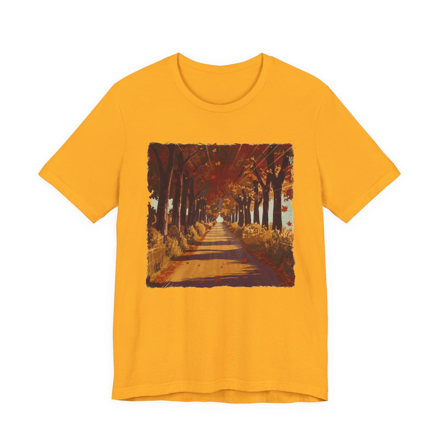 Golden Autumn Glow– Glowing Trees Lining the Road Graphic T-Shirt