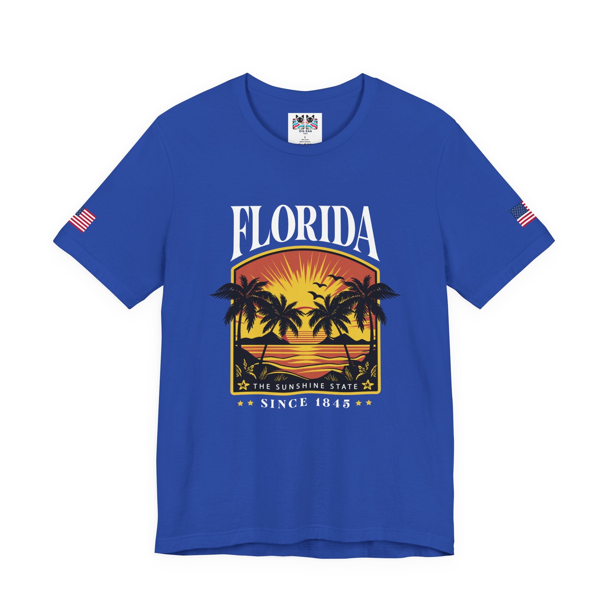 Florida The Sunshine State Since 1845 T-Shirt – Retro Badge Palm Tree Sunset Graphic Tee