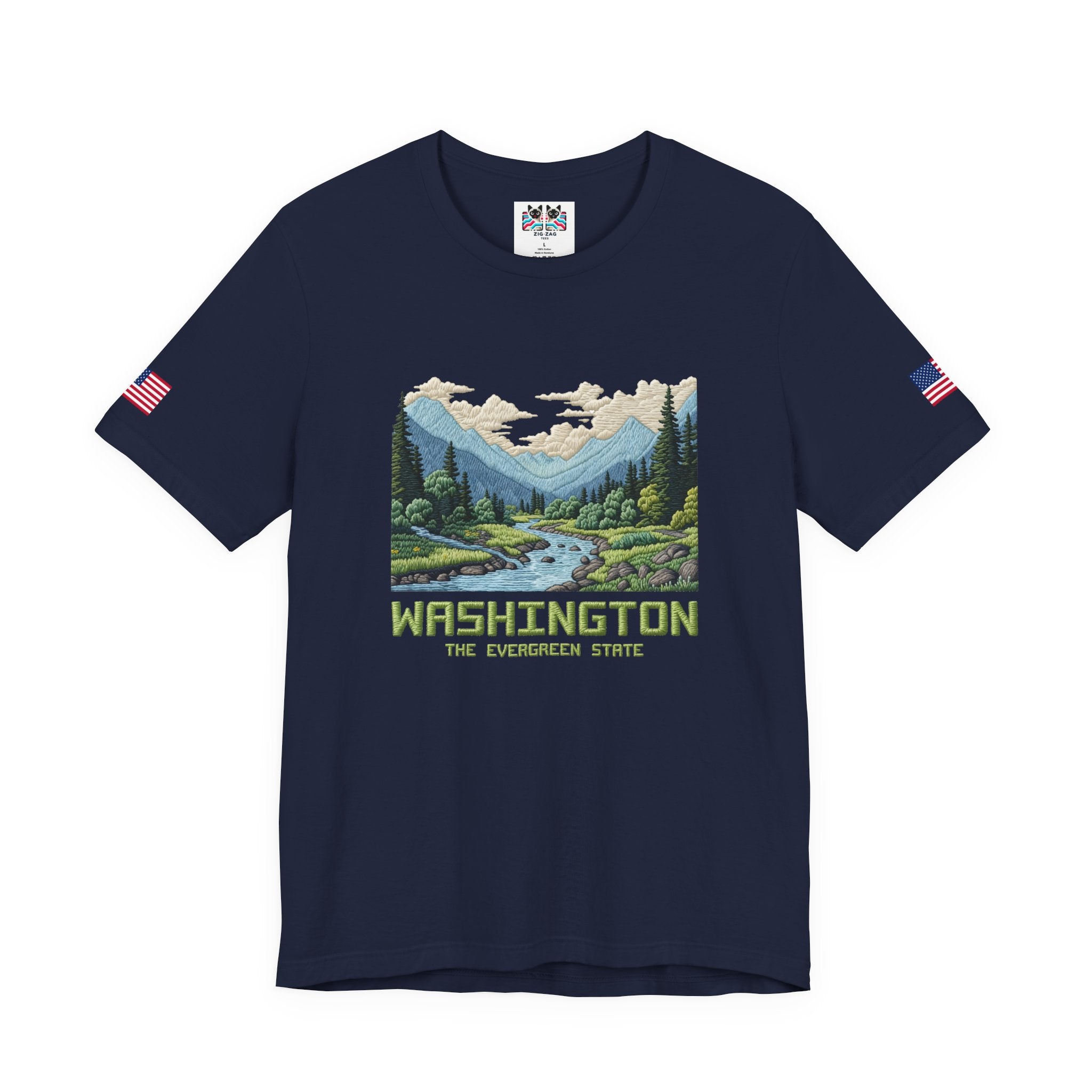Washington The Evergreen State Embroidery-Style Mountain River Graphic T-Shirt | Pacific Northwest Nature Tee | WA Souvenir