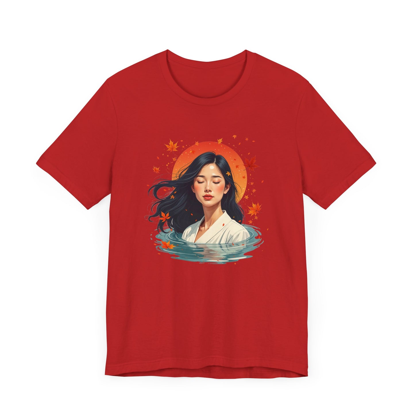 Serene Woman in White Dress Chest-Deep in Water with Sunset and Falling Leaves Graphic T-Shirt