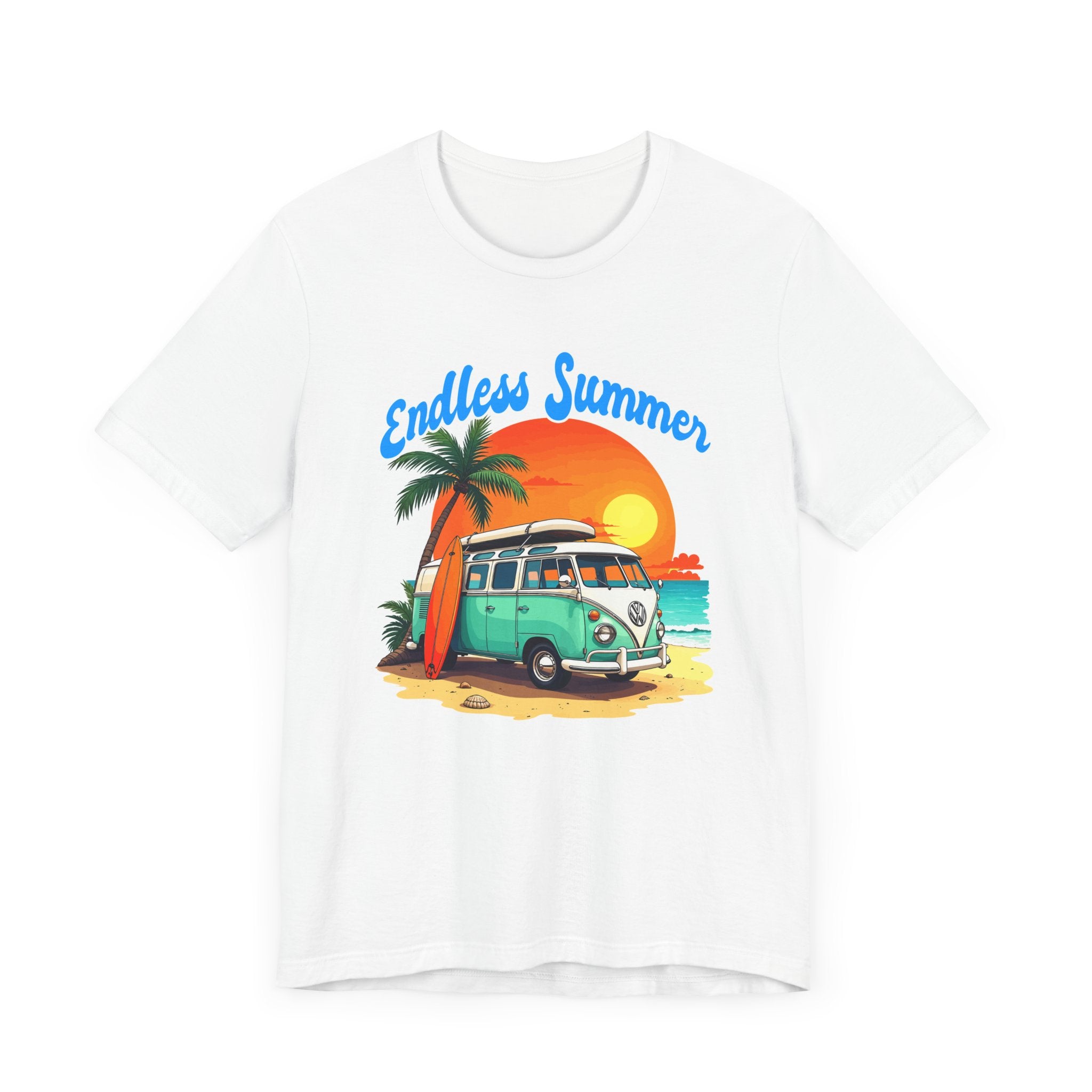 Endless Summer Beach Van with Surfboard and Palm Tree Sunset Graphic T-Shirt