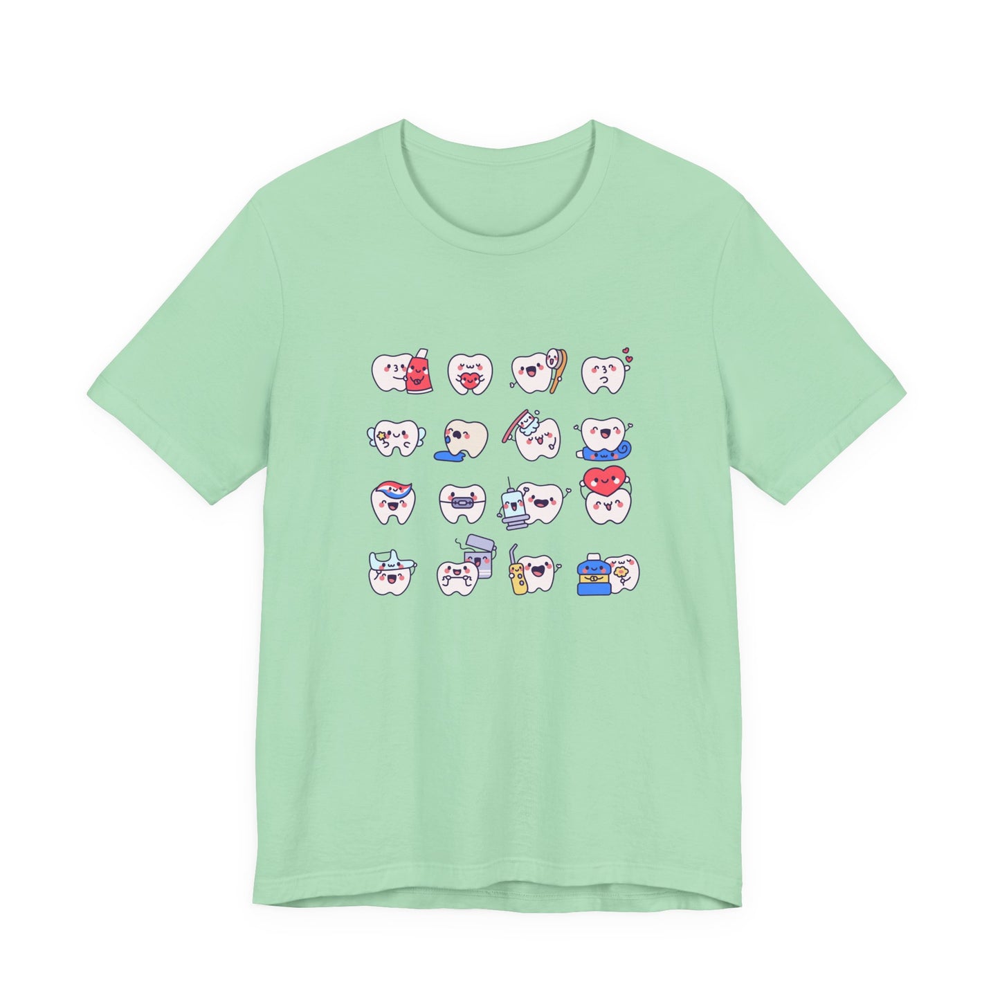 Happy Smiling Teeth T Shirt Sixteen Tooth Characters with Dental Care Items