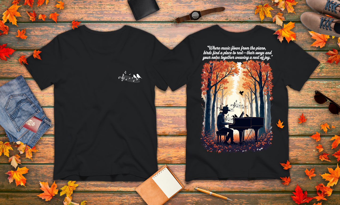 Music & Nature Harmony T-Shirt – Grand Piano in Autumn Forest Scene [White Text]