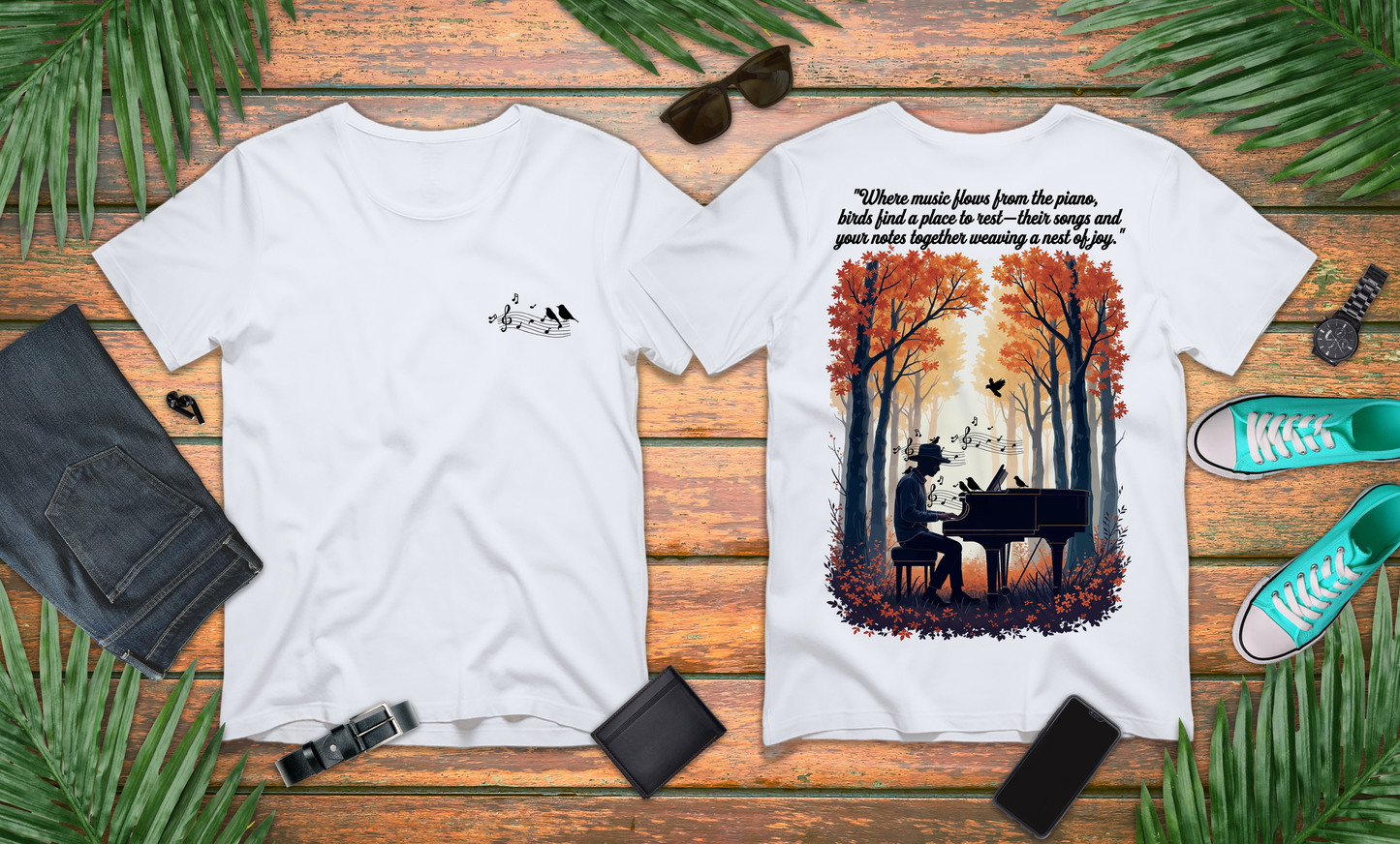 Music & Nature Harmony T-Shirt – Grand Piano in Autumn Forest Scene [Black Text]