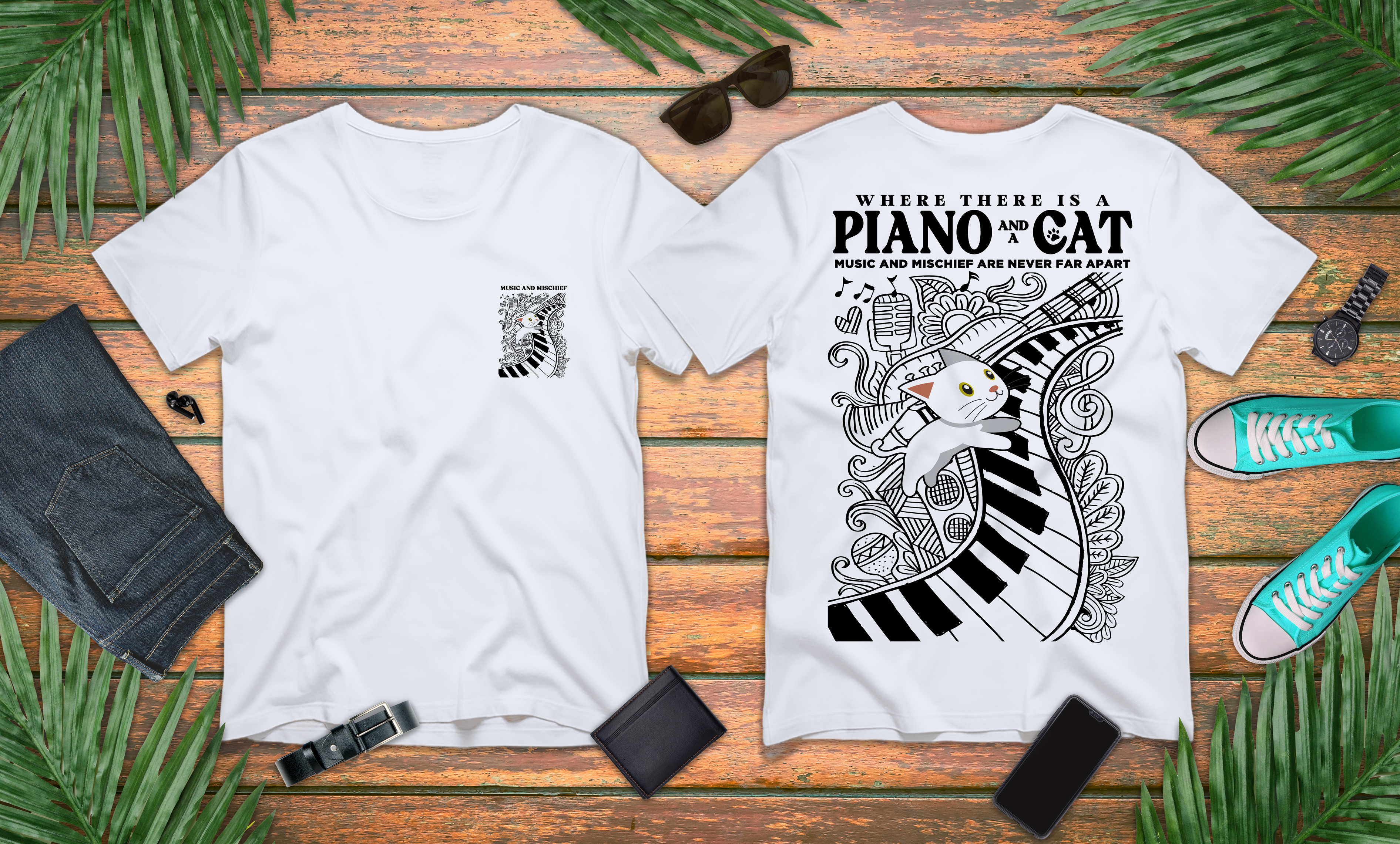Music and Mischief T-Shirt – Piano and Playful Cat Graphic