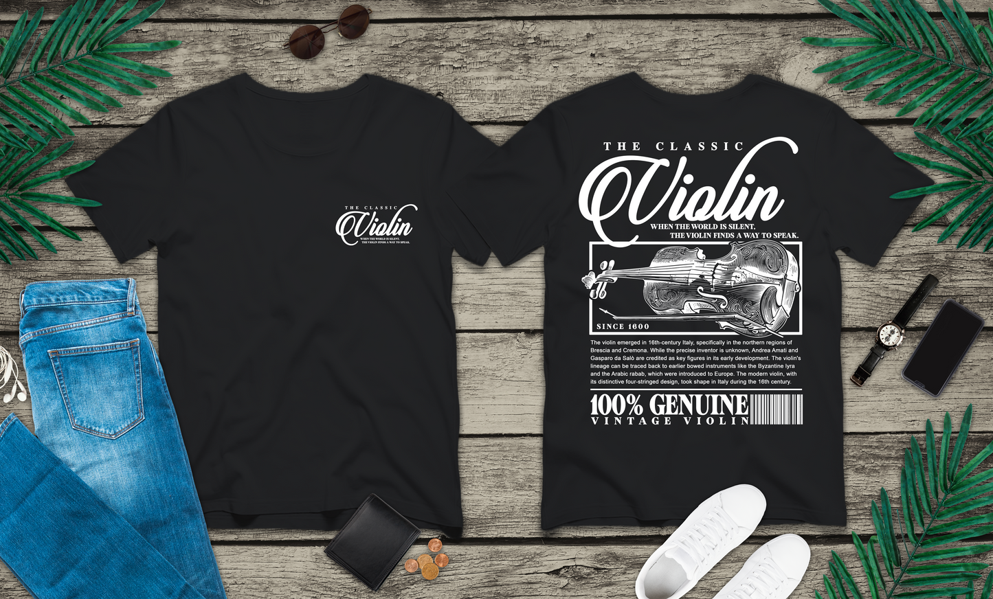 The Classic Violin T-Shirt – Vintage Instrument & 16th Century Story [White Text]