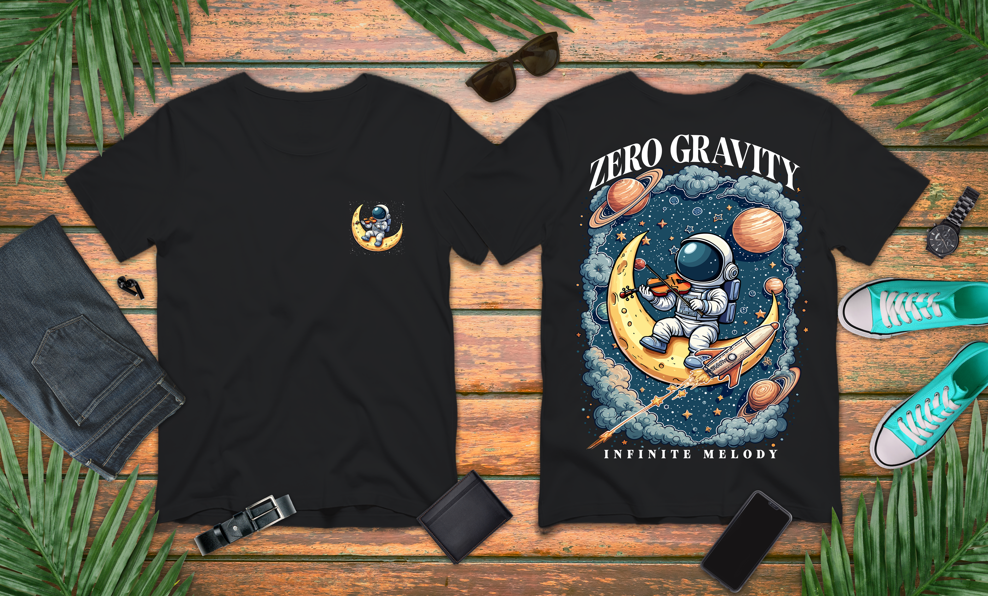 Zero Gravity Infinite Melody T-Shirt – Astronaut Violinist on Crescent Moon