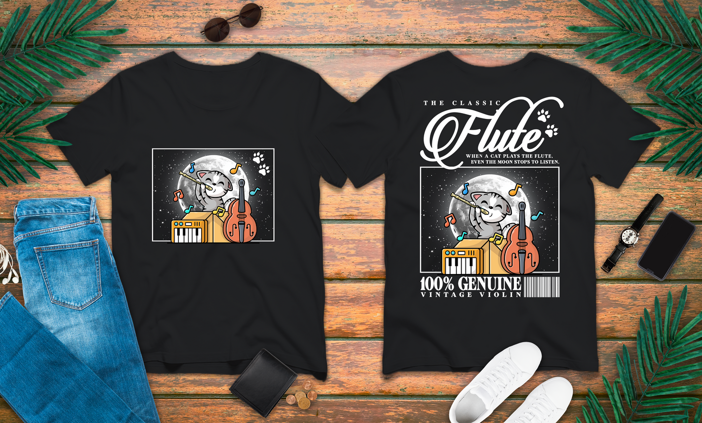The Classic Flute Moonlight Cat Music T-Shirt
